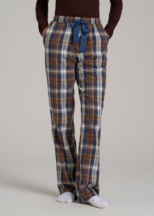 Open-Bottom Flannel Women's Tall Pajama Pants in Brown Blue Plaid