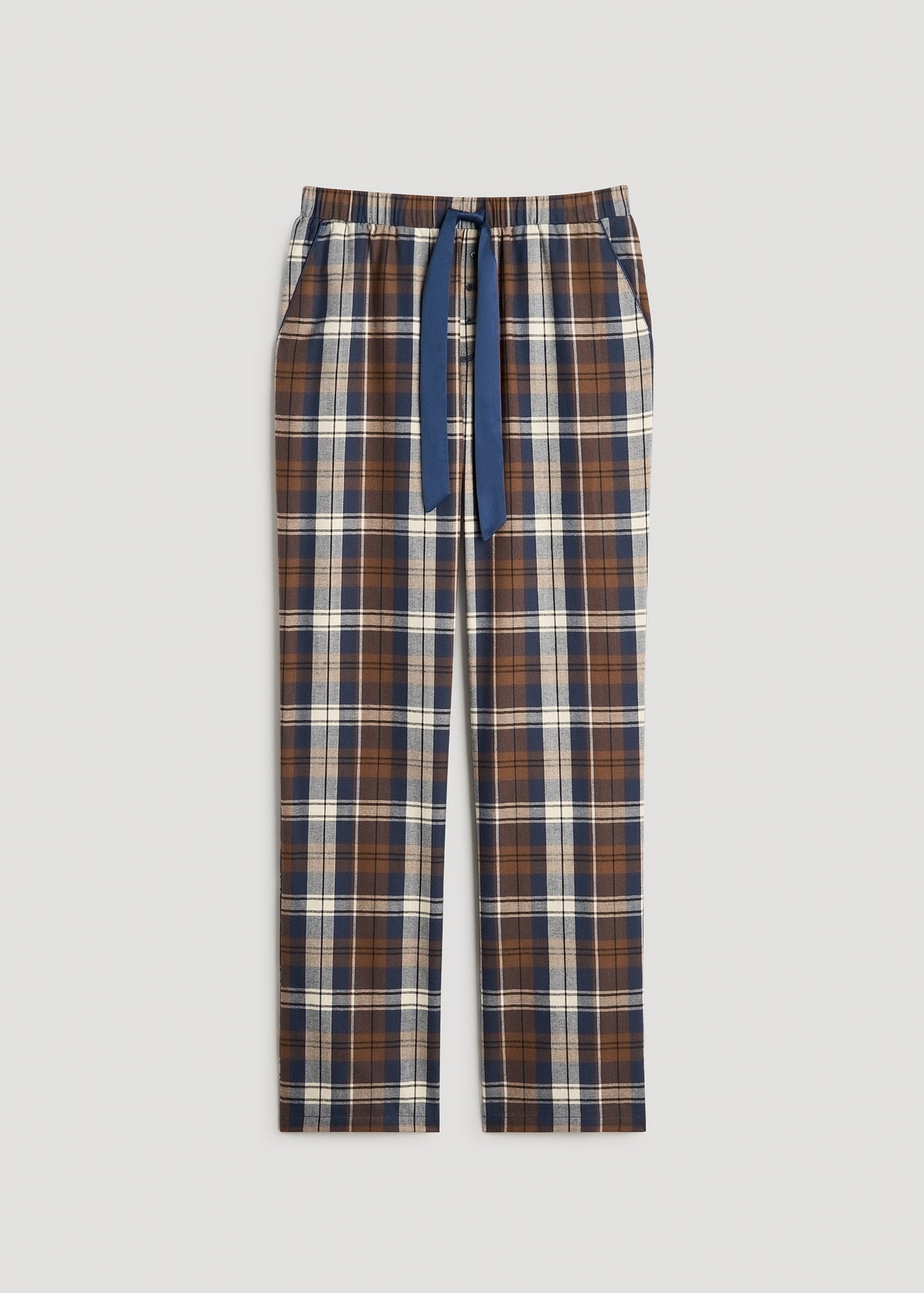 Open-Bottom Flannel Women's Tall Pajama Pants in Brown Blue Plaid