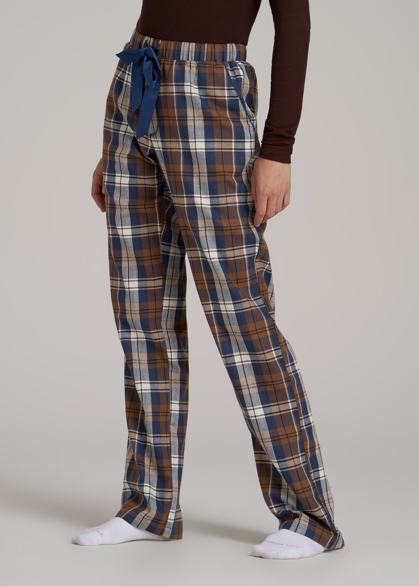 Open-Bottom Flannel Women's Tall Pajama Pants in Brown Blue Plaid