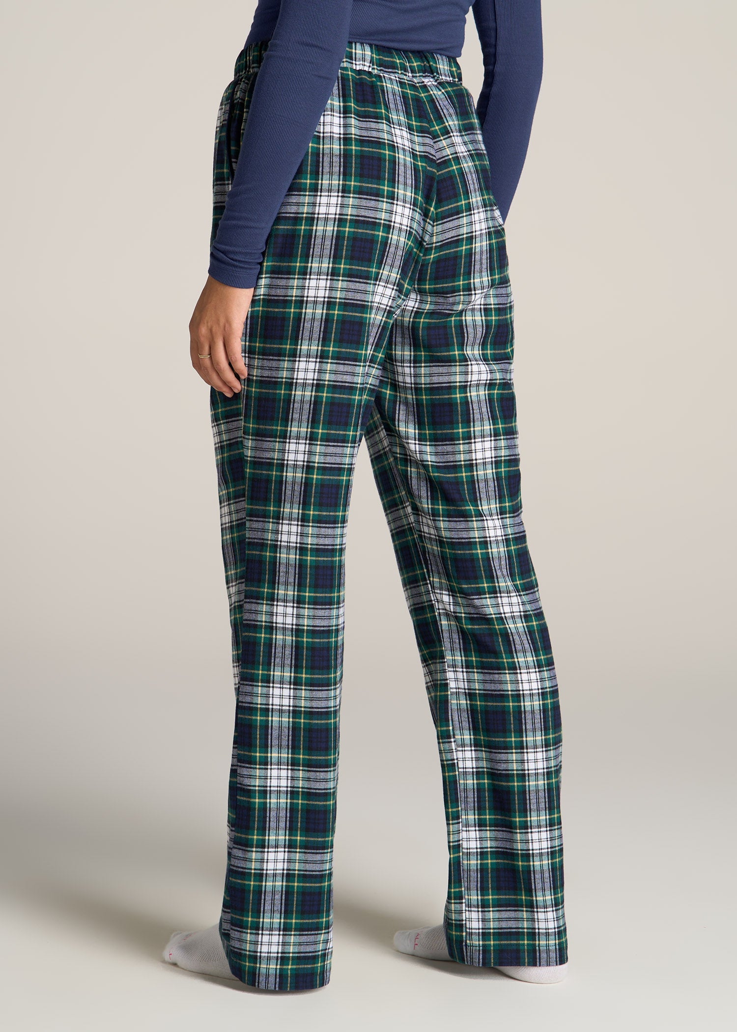 American-Tall-Women-Tie-Waist-Open-Bottom-Flannel-PJ-Pants-Green-Navy-Tartan-back