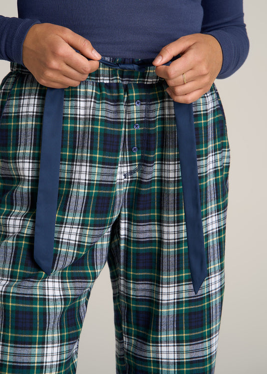 American-Tall-Women-Tie-Waist-Open-Bottom-Flannel-PJ-Pants-Green-Navy-Tartan-detail