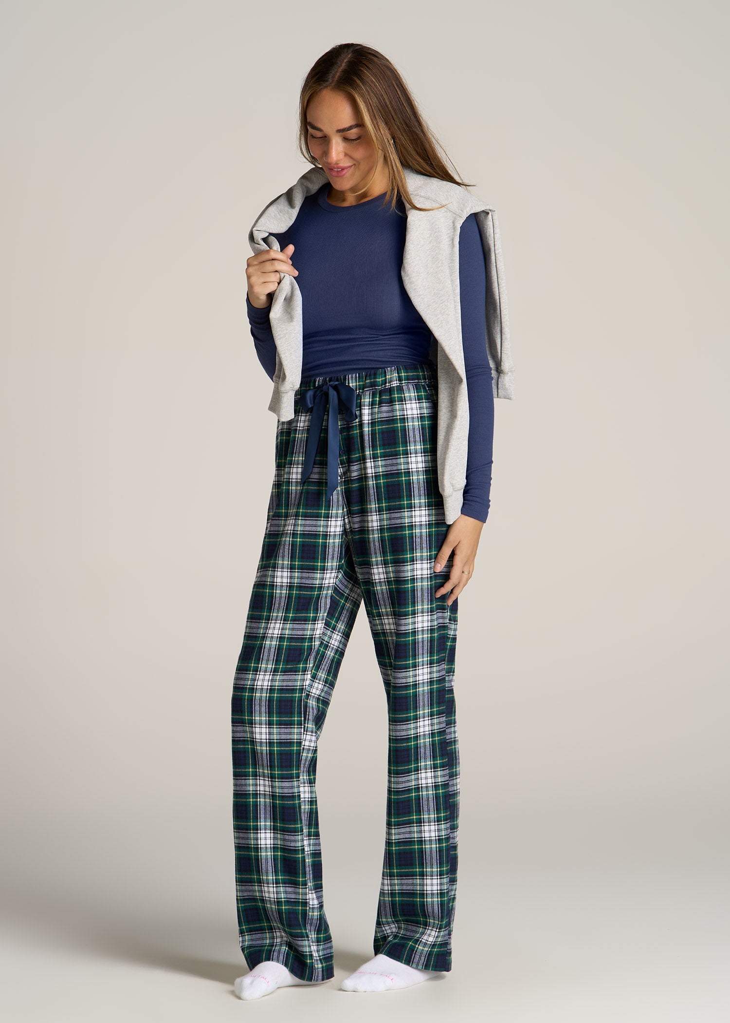 American-Tall-Women-Tie-Waist-Open-Bottom-Flannel-PJ-Pants-Green-Navy-Tartan-full