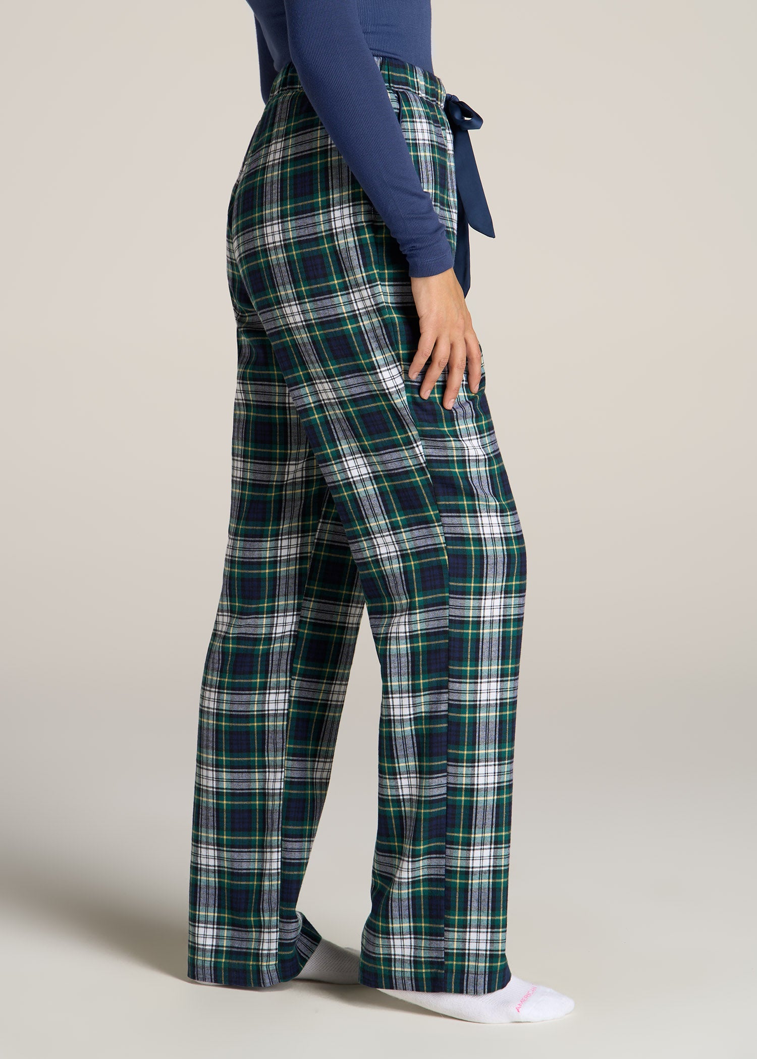 American-Tall-Women-Tie-Waist-Open-Bottom-Flannel-PJ-Pants-Green-Navy-Tartan-side