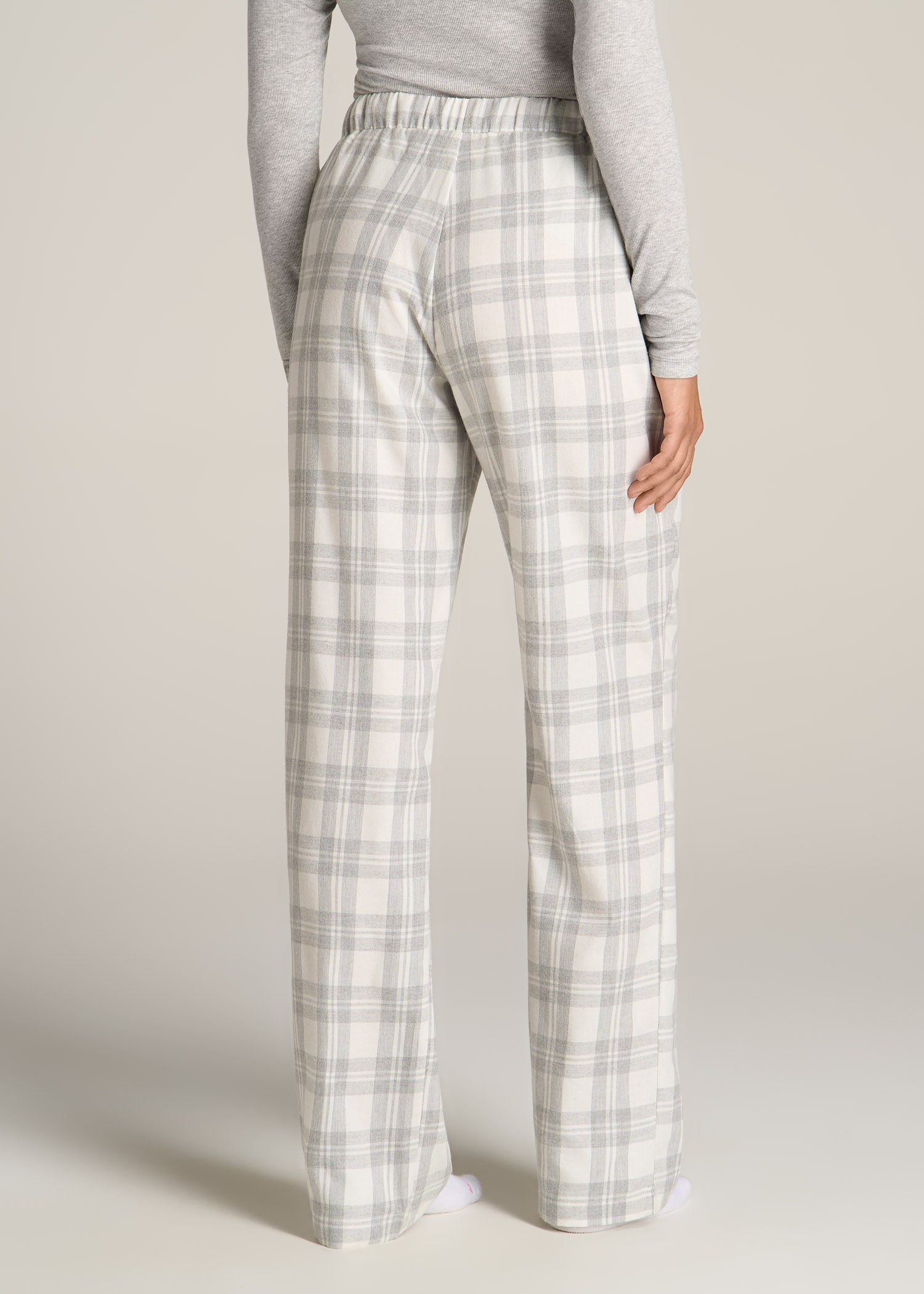 American-Tall-Women-Tie-Waist-Open-Bottom-Flannel-PJ-Pants-Heather-Grey-White-Plaid-back