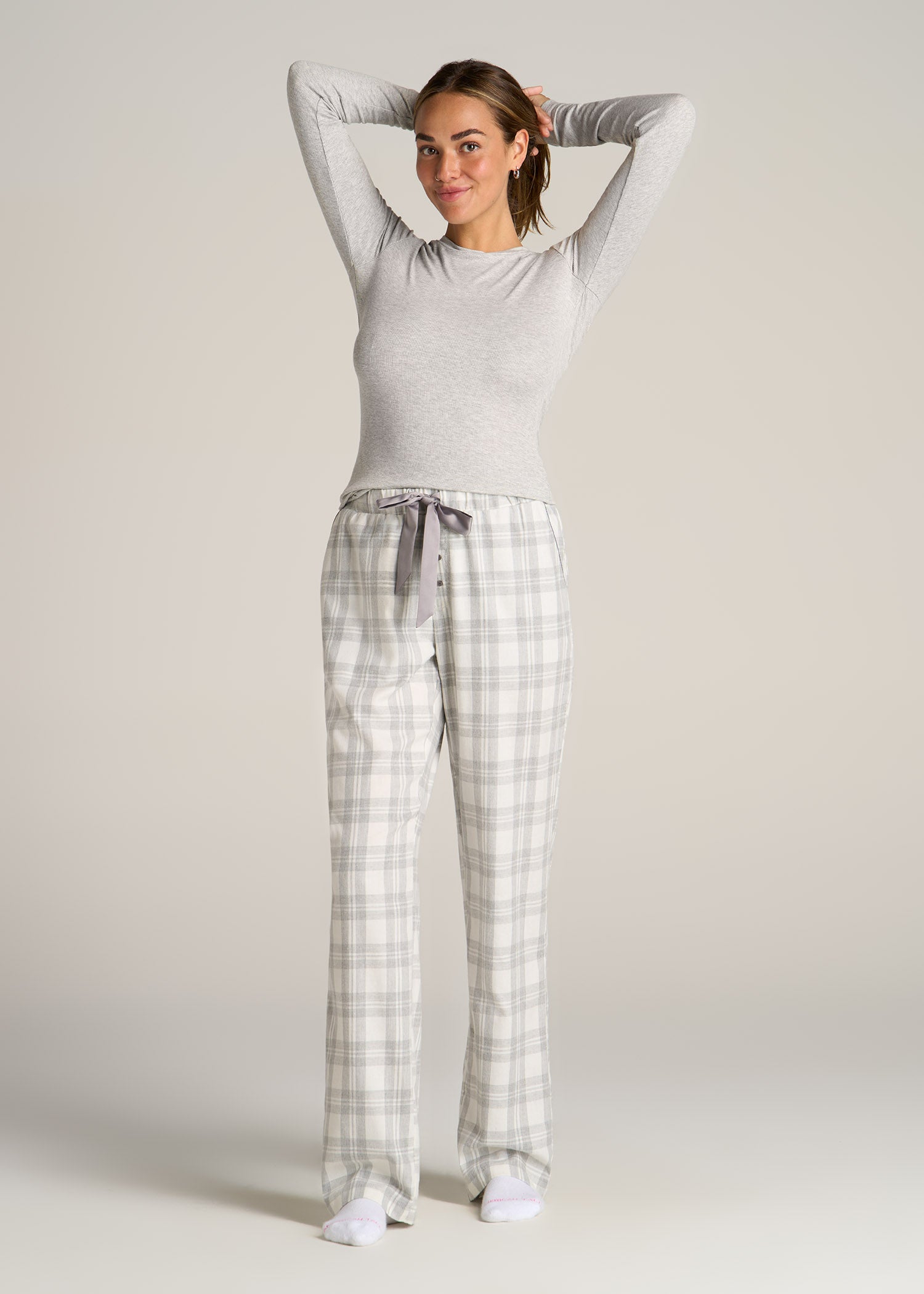 American-Tall-Women-Tie-Waist-Open-Bottom-Flannel-PJ-Pants-Heather-Grey-White-Plaid-full