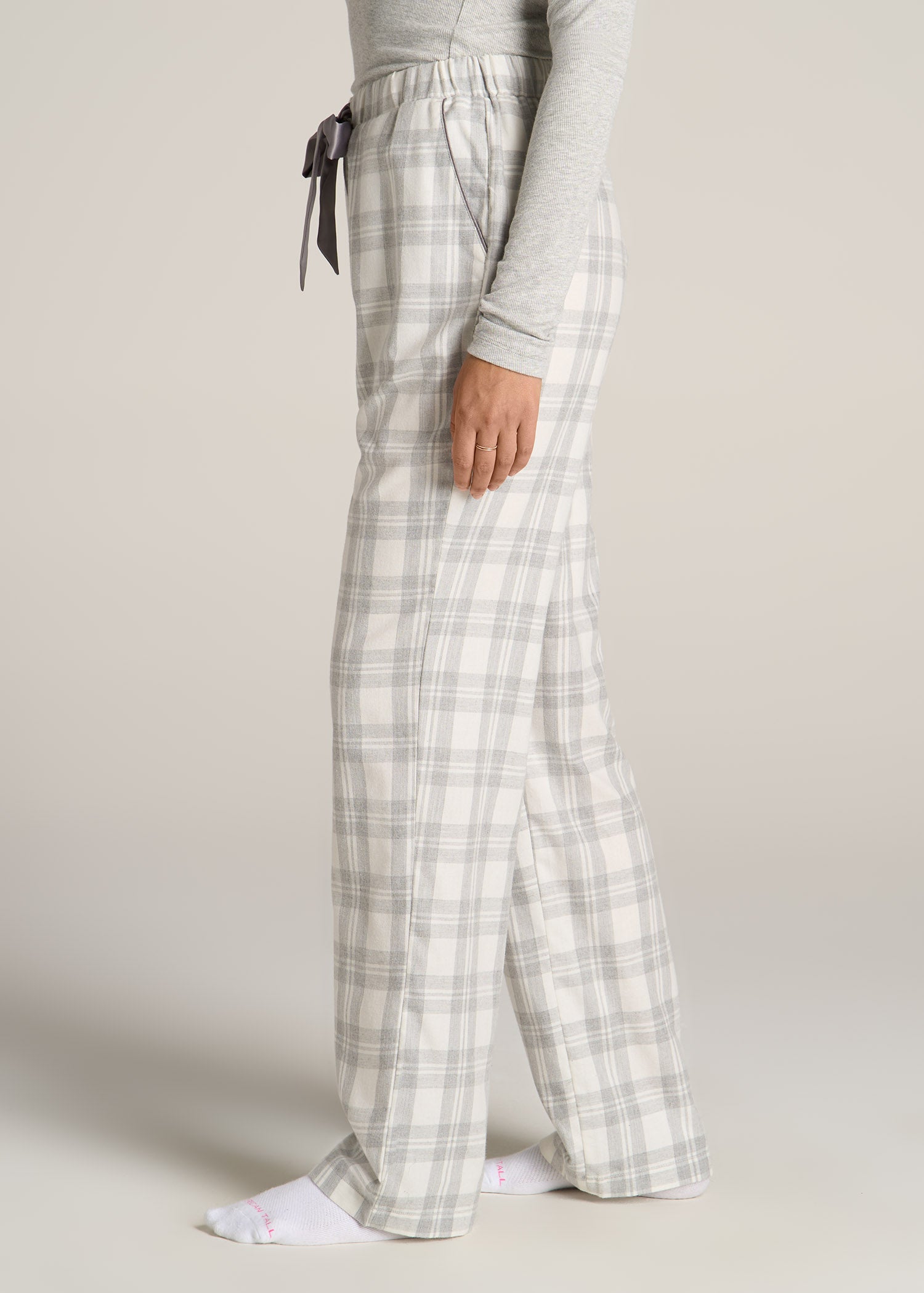 American-Tall-Women-Tie-Waist-Open-Bottom-Flannel-PJ-Pants-Heather-Grey-White-Plaid-side