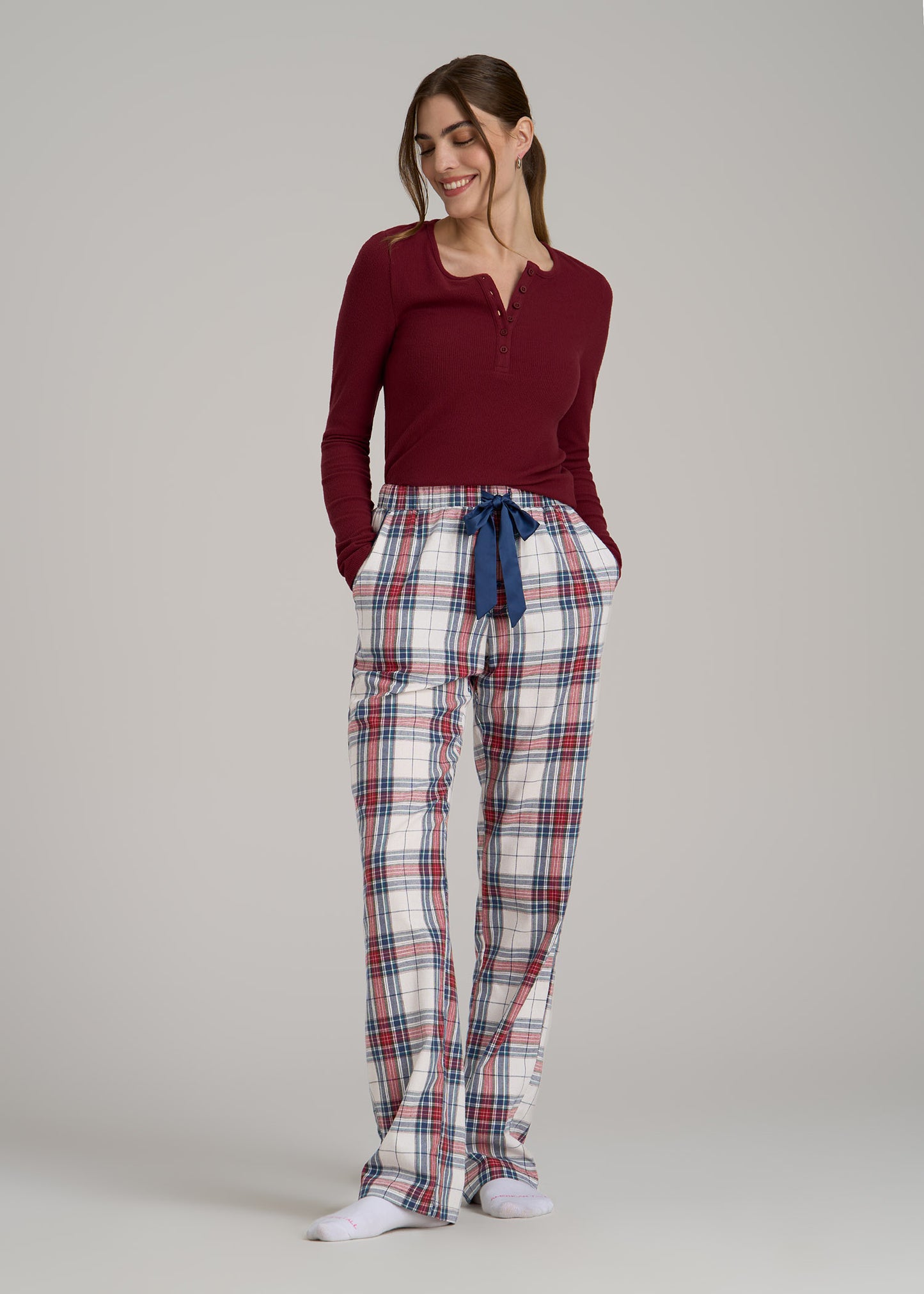 Open-Bottom Flannel Women's Tall Pajama Pants in Mixed Tartan