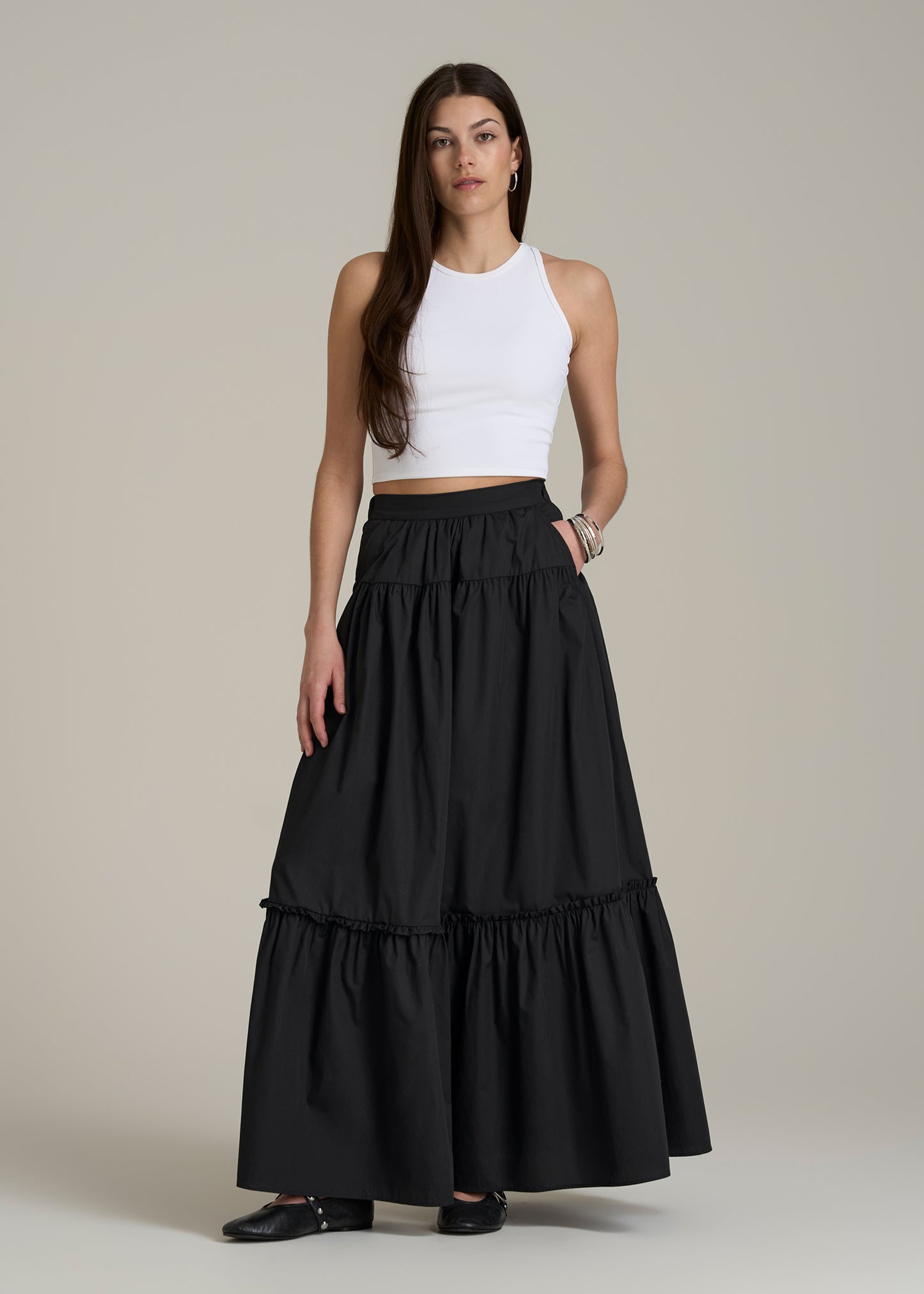 Tiered Cotton Maxi Skirt for Tall Women in Black