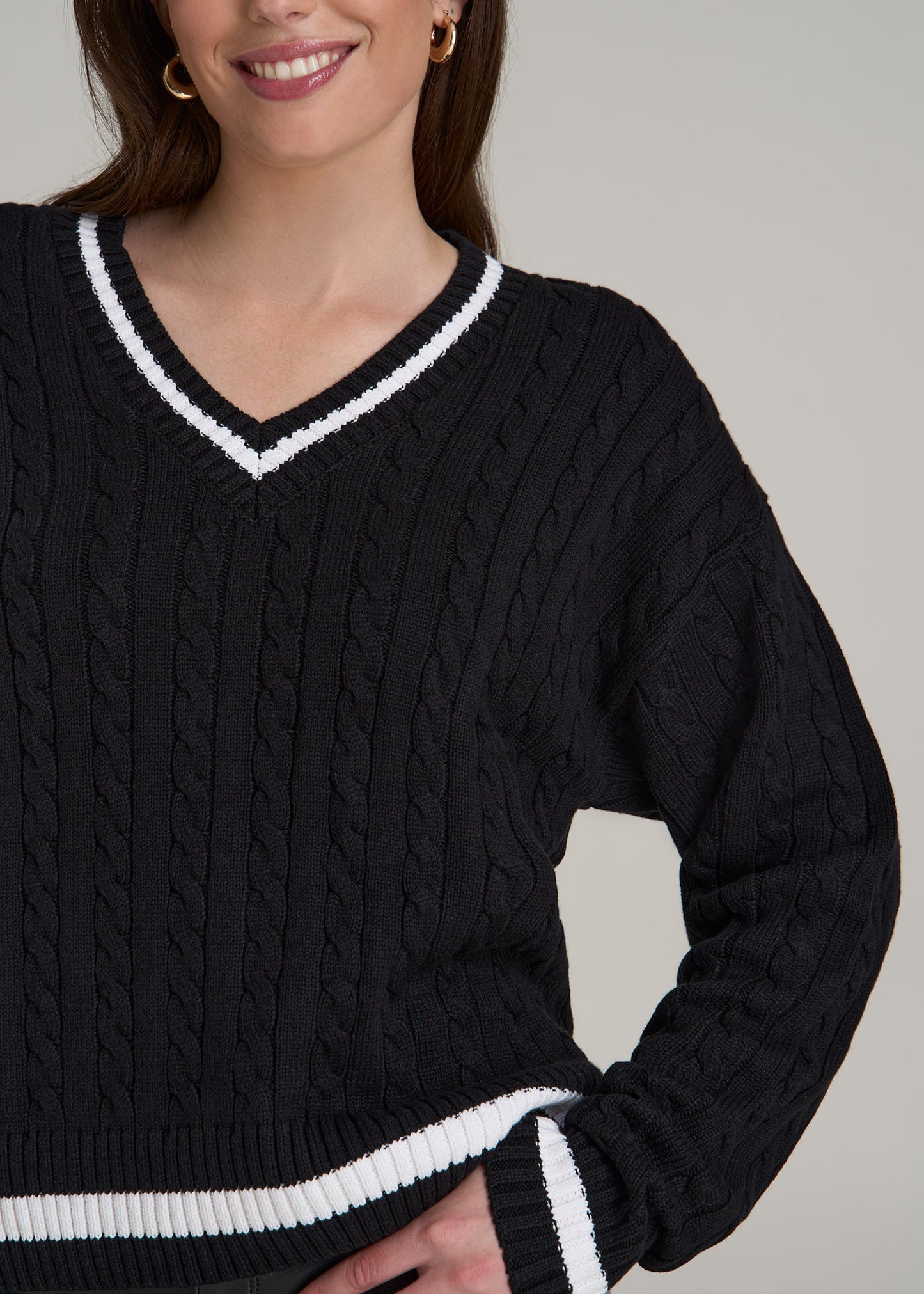 V-Neck Collegiate Sweater for Tall Women in Black and Bright White