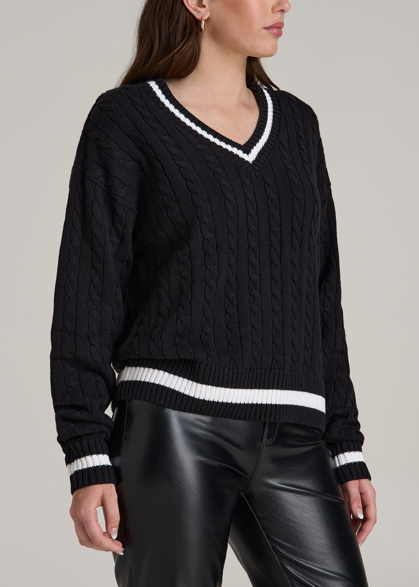 V-Neck Collegiate Sweater for Tall Women in Black and Bright White