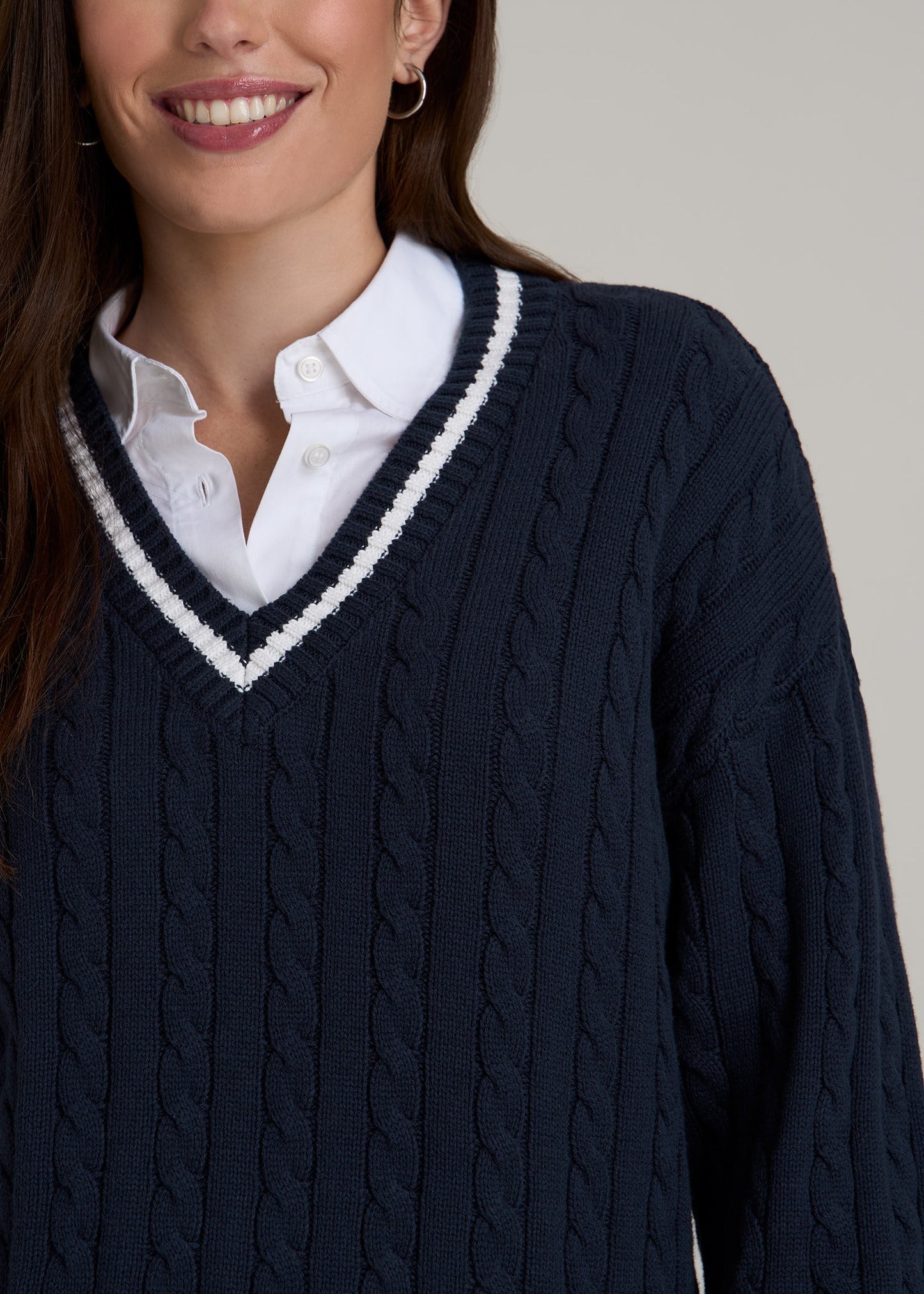 V-Neck Collegiate Sweater for Tall Women in Navy and Bright White