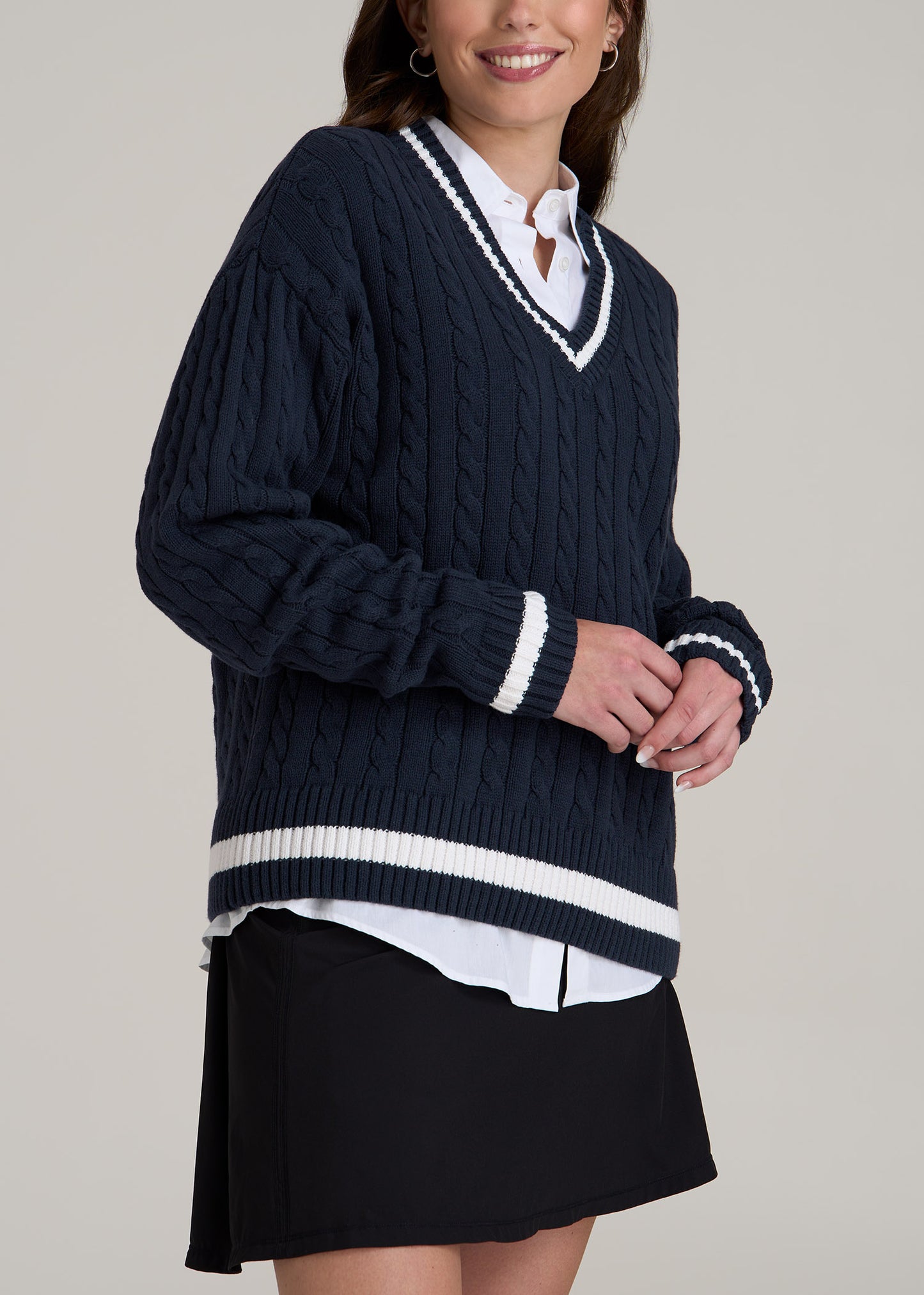 V-Neck Collegiate Sweater for Tall Women in Navy and Bright White