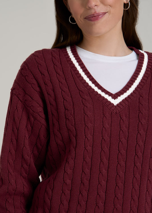 V-Neck Collegiate Sweater for Tall Women in Red Ochre and Winter White