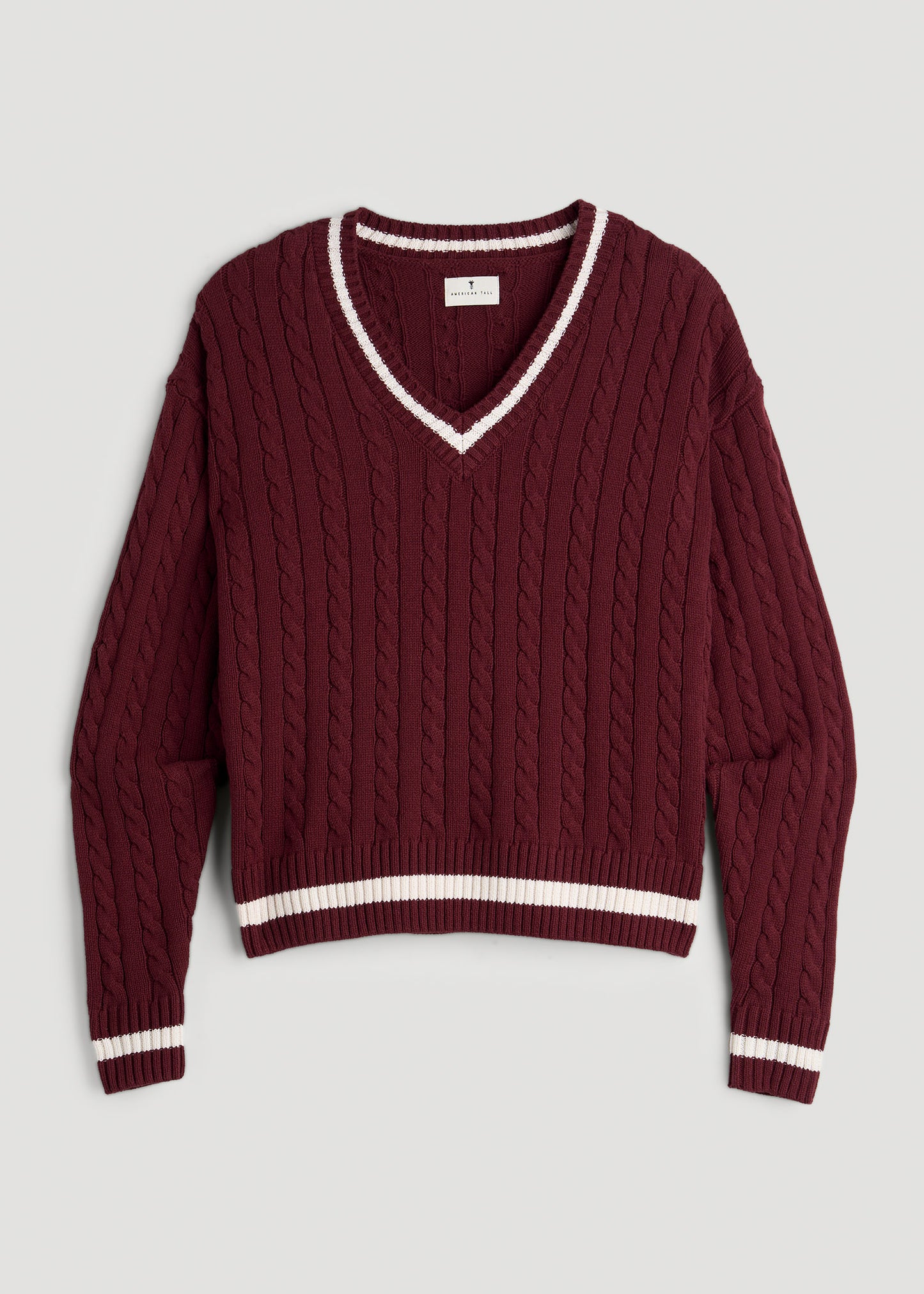 V-Neck Collegiate Sweater for Tall Women in Red Ochre and Winter White