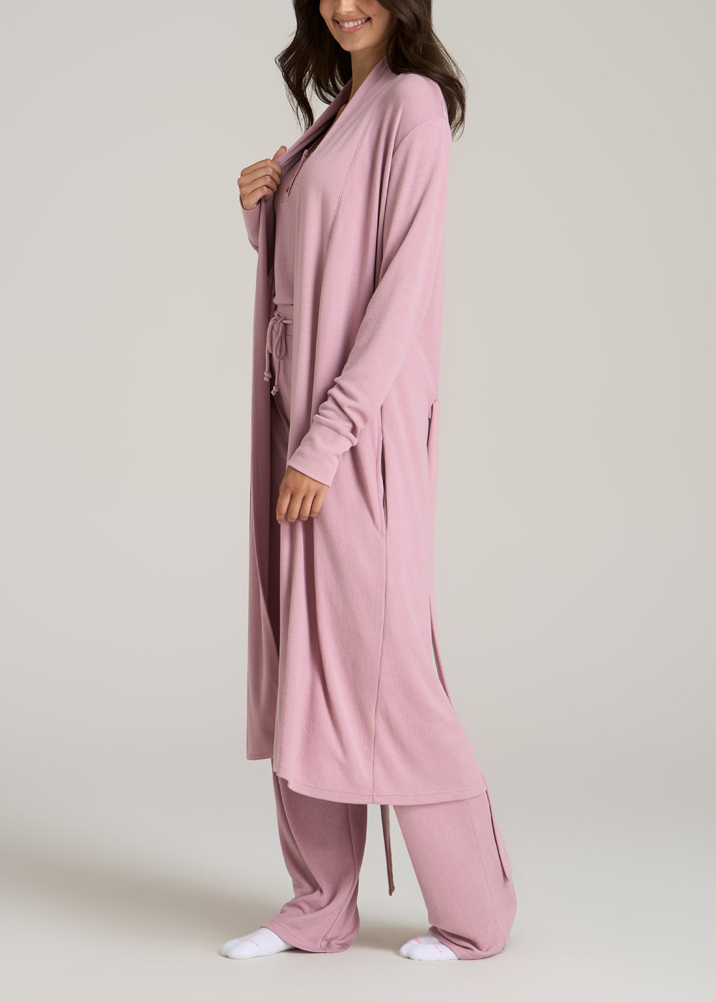 Waffle Lounge Robe for Tall Women in Pink Peony