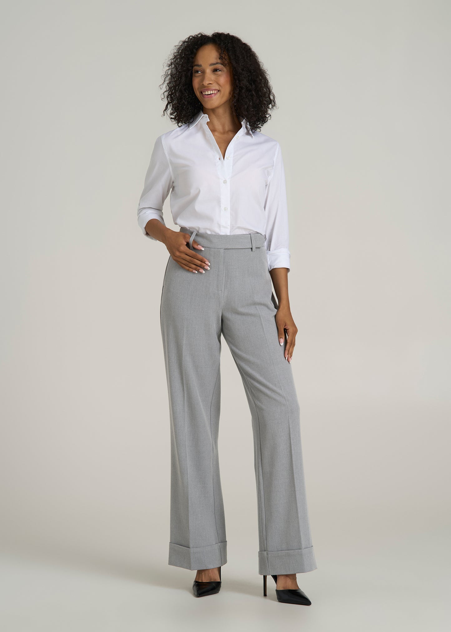 Wide-Leg Cuffed Pants for Tall Women in Medium Grey Mix