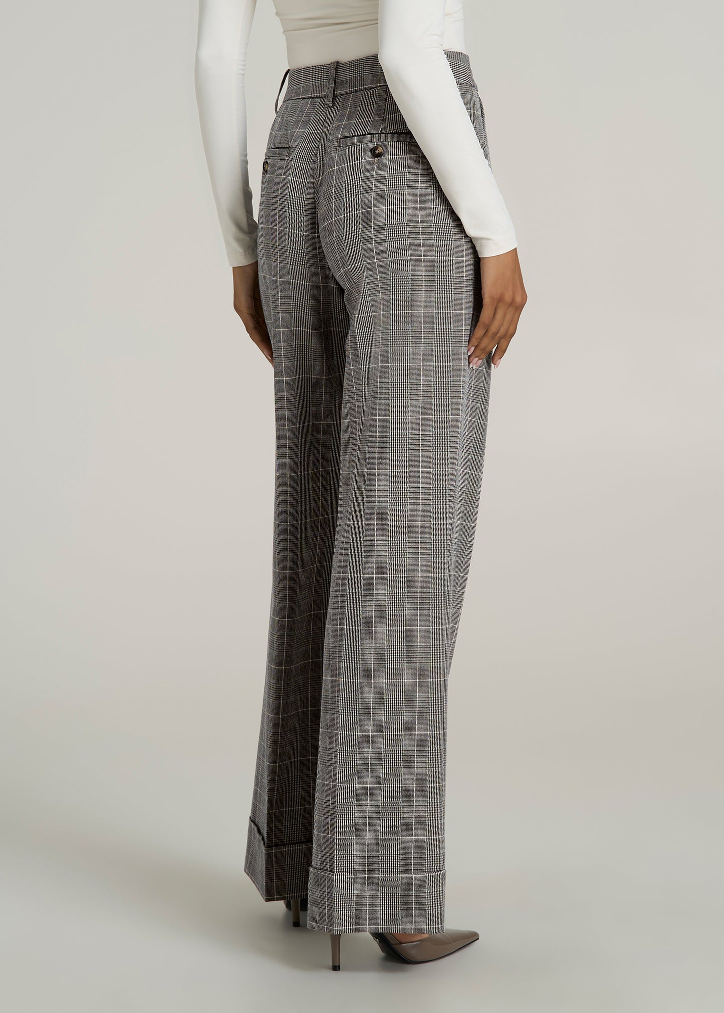 Wide-Leg Cuffed Pants for Tall Women in Navy Houndstooth with Teal