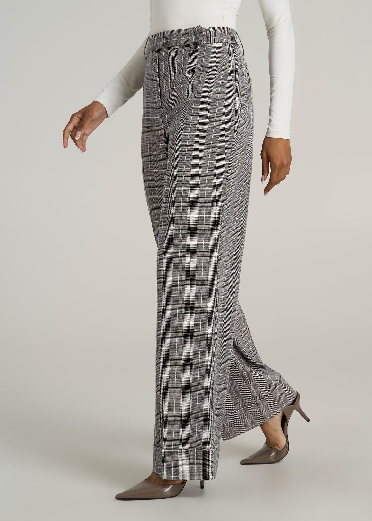 Wide-Leg Cuffed Pants for Tall Women in Navy Houndstooth with Teal