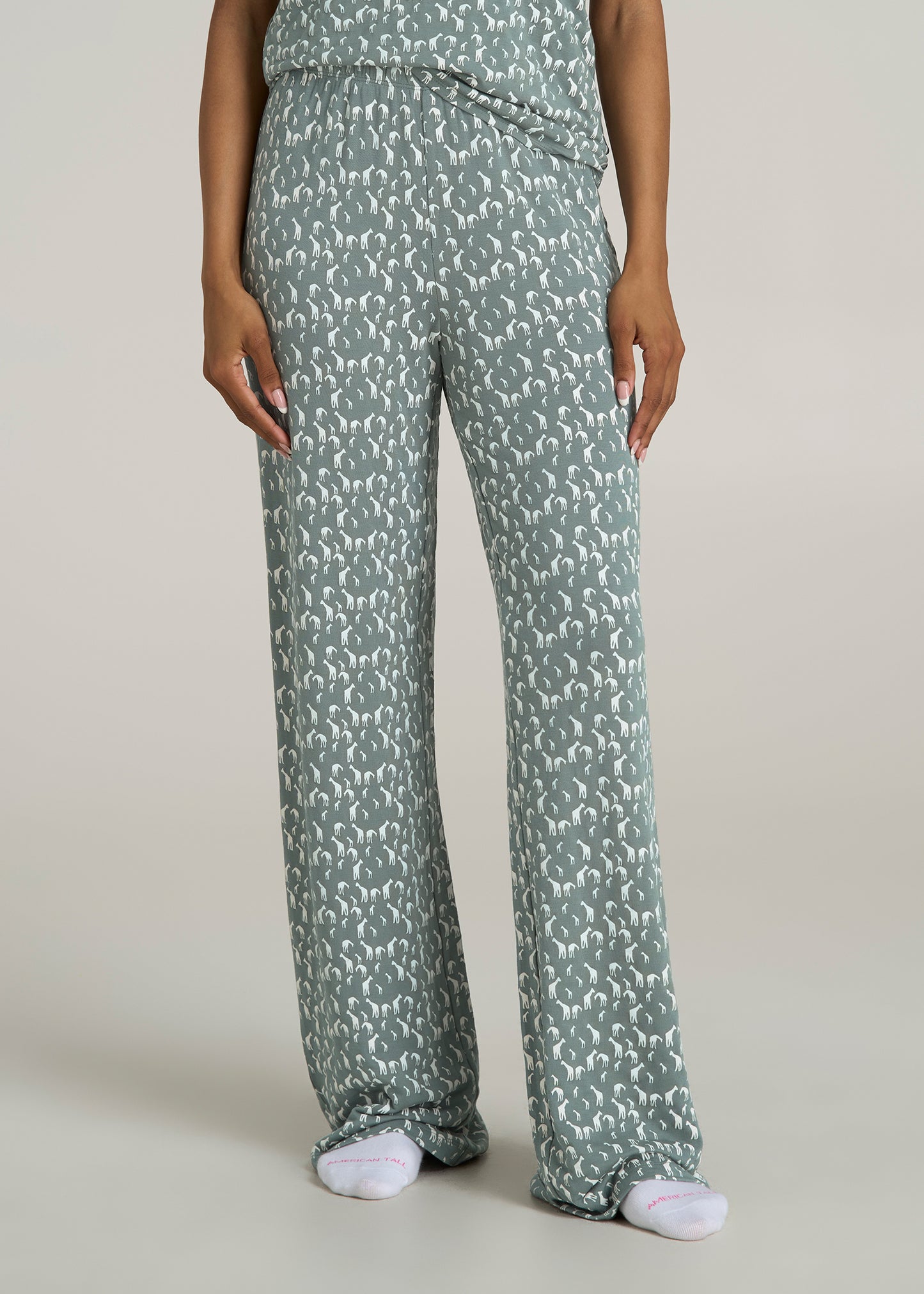 Wide Leg Women's Tall Pajama Pants in Malachite Green Giraffe Print