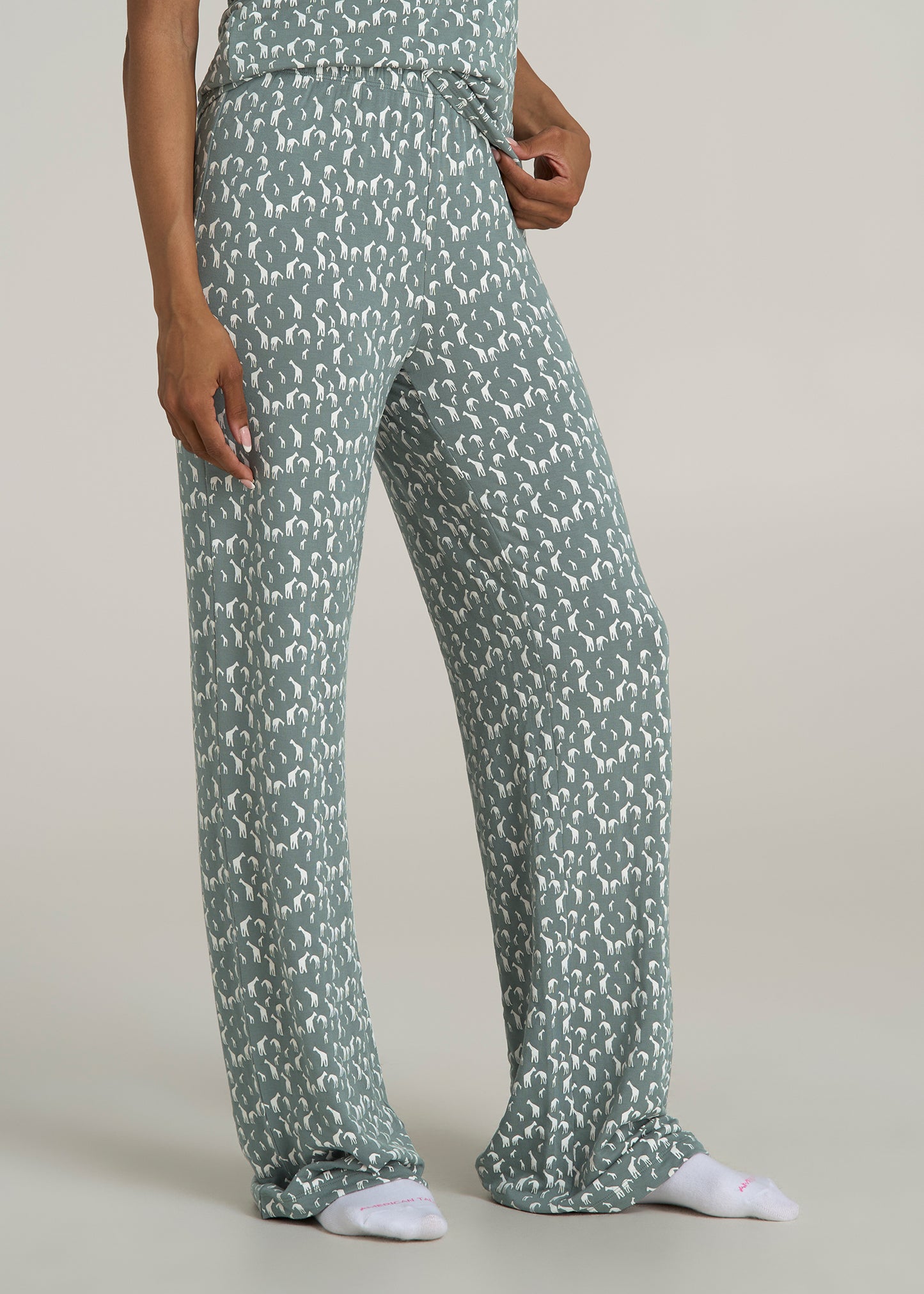 Wide Leg Women's Tall Pajama Pants in Malachite Green Giraffe Print