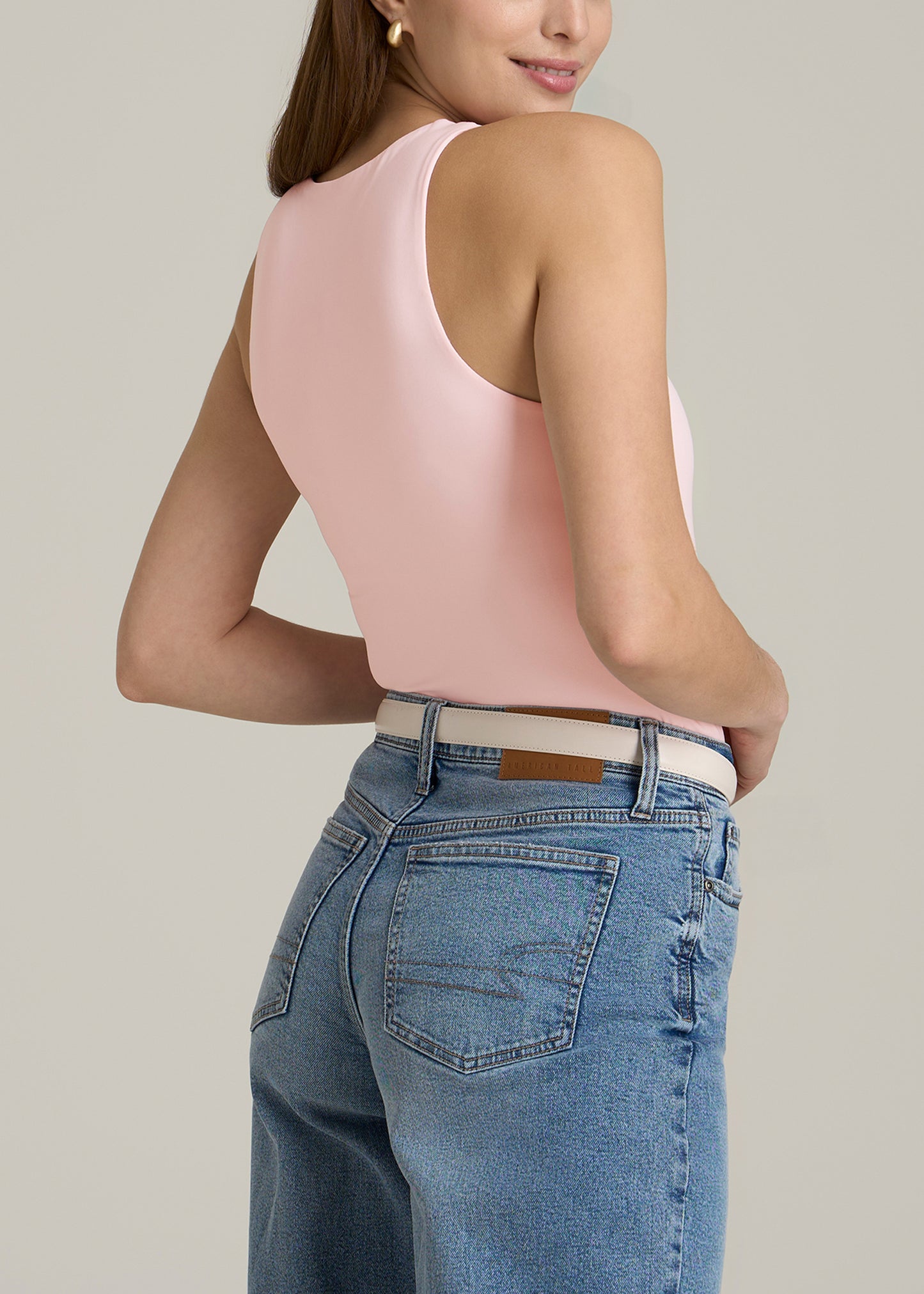 High Crewneck Sleeveless Bodysuit for Tall Women in Barely Pink