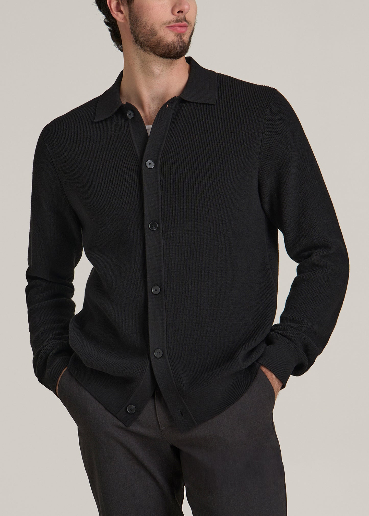 Sweater Polo Cardigan for Tall Men in Black