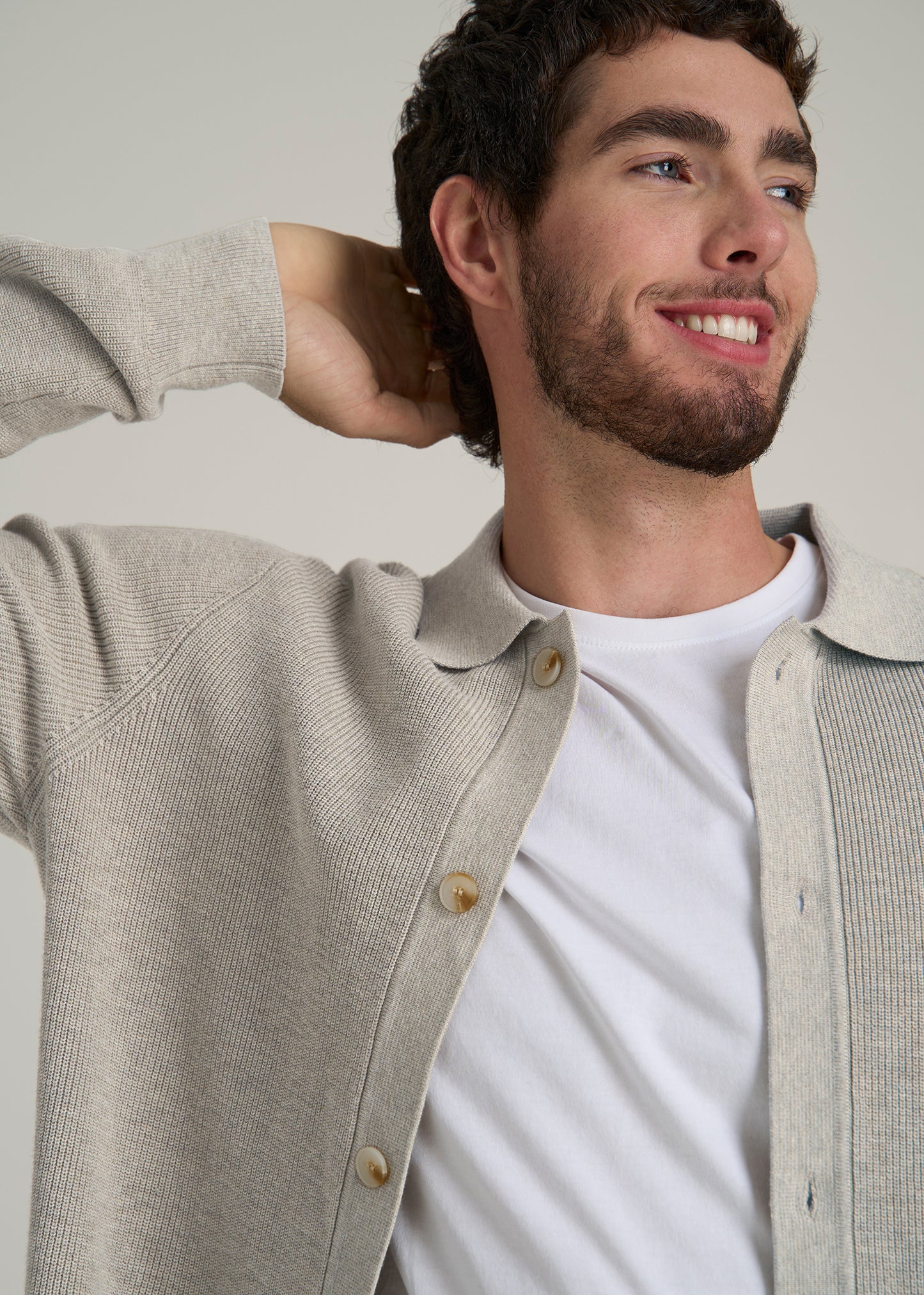 Sweater Polo Cardigan for Tall Men in Cream Beige