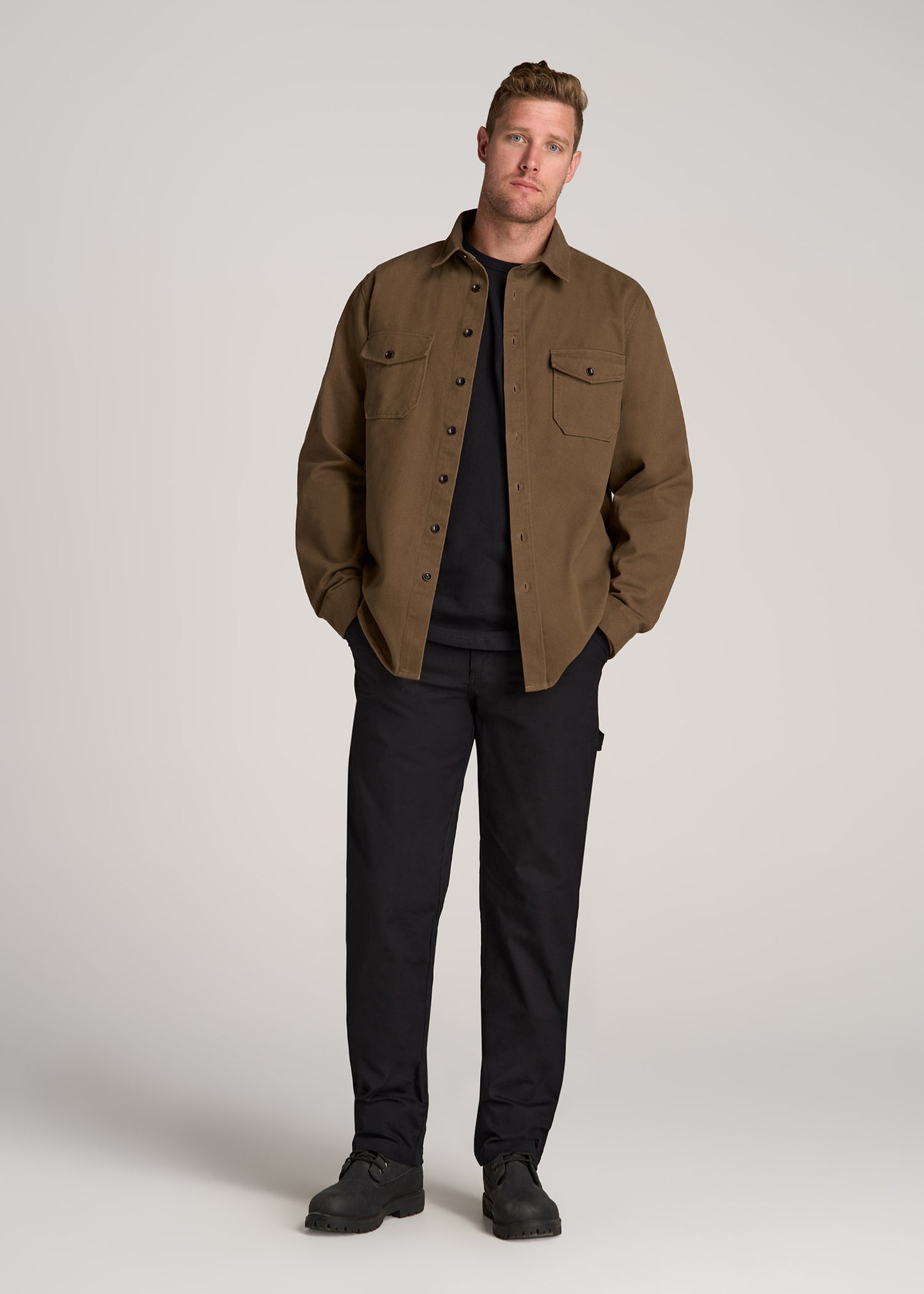 LJ&S Heavyweight Cotton Twill Overshirt for Tall Men in Grizzly Brown