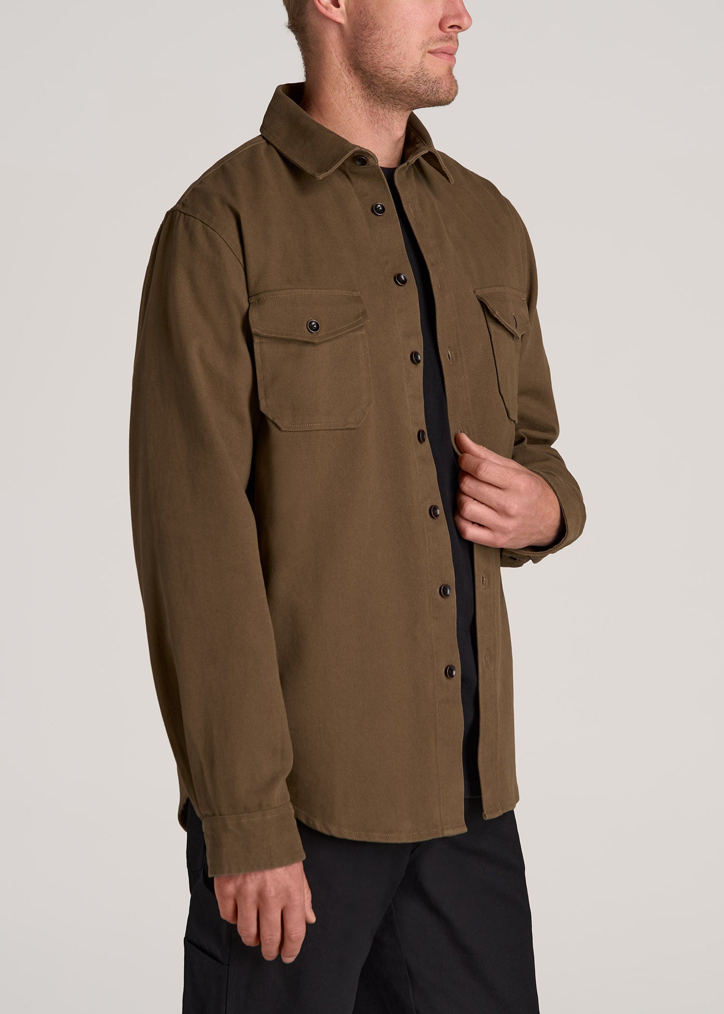 LJ&S Heavyweight Cotton Twill Overshirt for Tall Men in Grizzly Brown