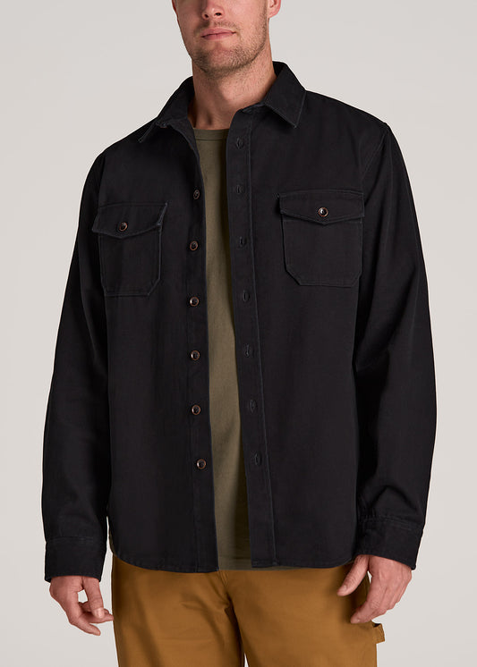 LJ&S Heavyweight Cotton Twill Overshirt for Tall Men in Vintage Black