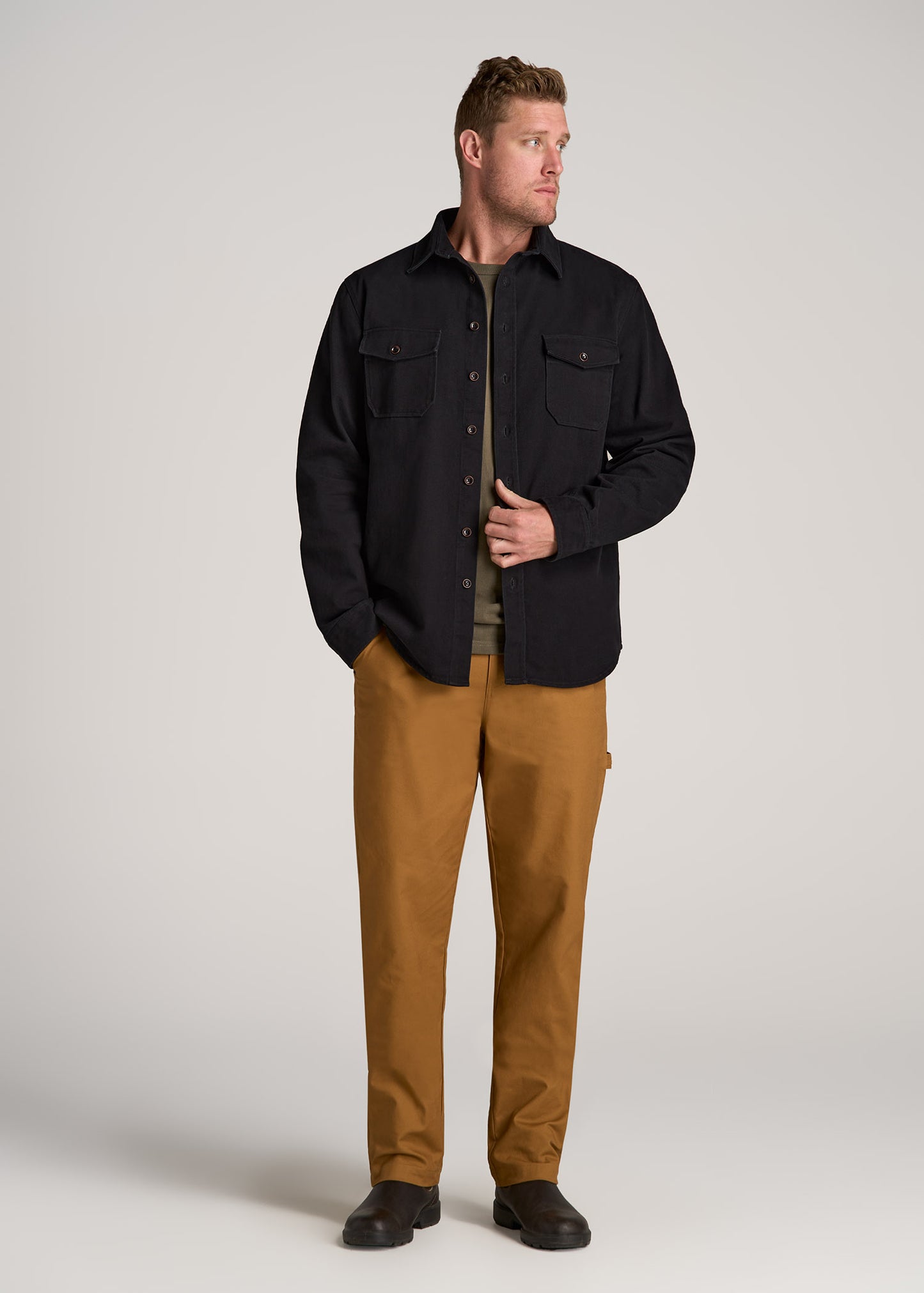 LJ&S Heavyweight Cotton Twill Overshirt for Tall Men in Vintage Black