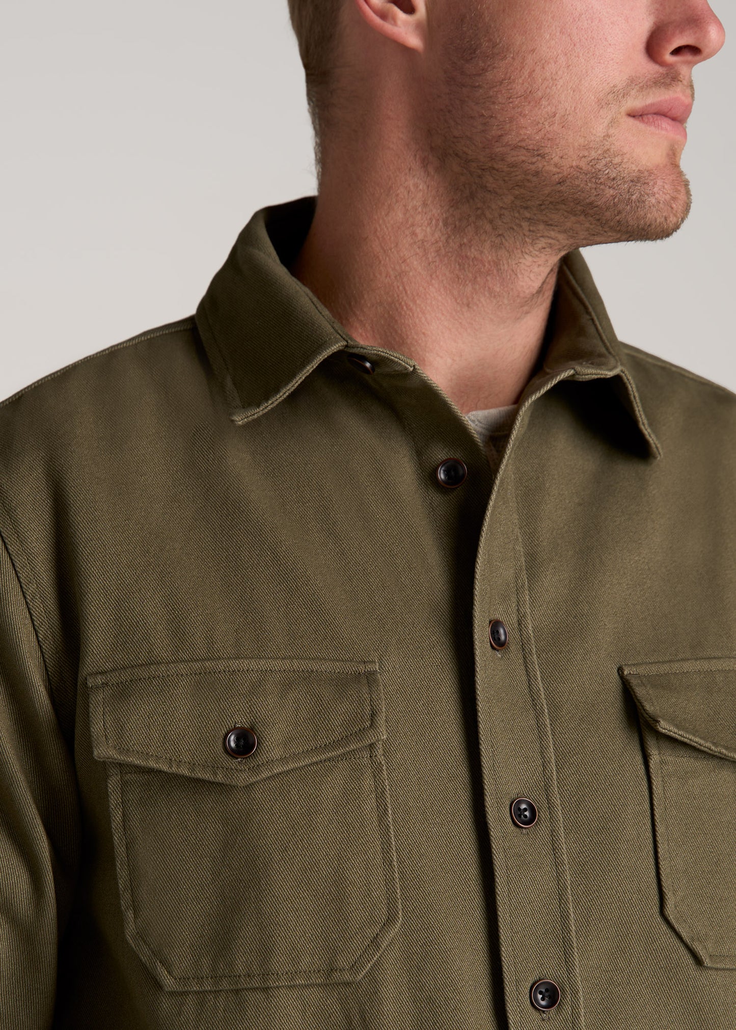 LJ&S Heavyweight Cotton Twill Overshirt for Tall Men in Vintage Moss Green