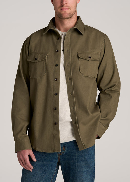 LJ&S Heavyweight Cotton Twill Overshirt for Tall Men in Vintage Moss Green