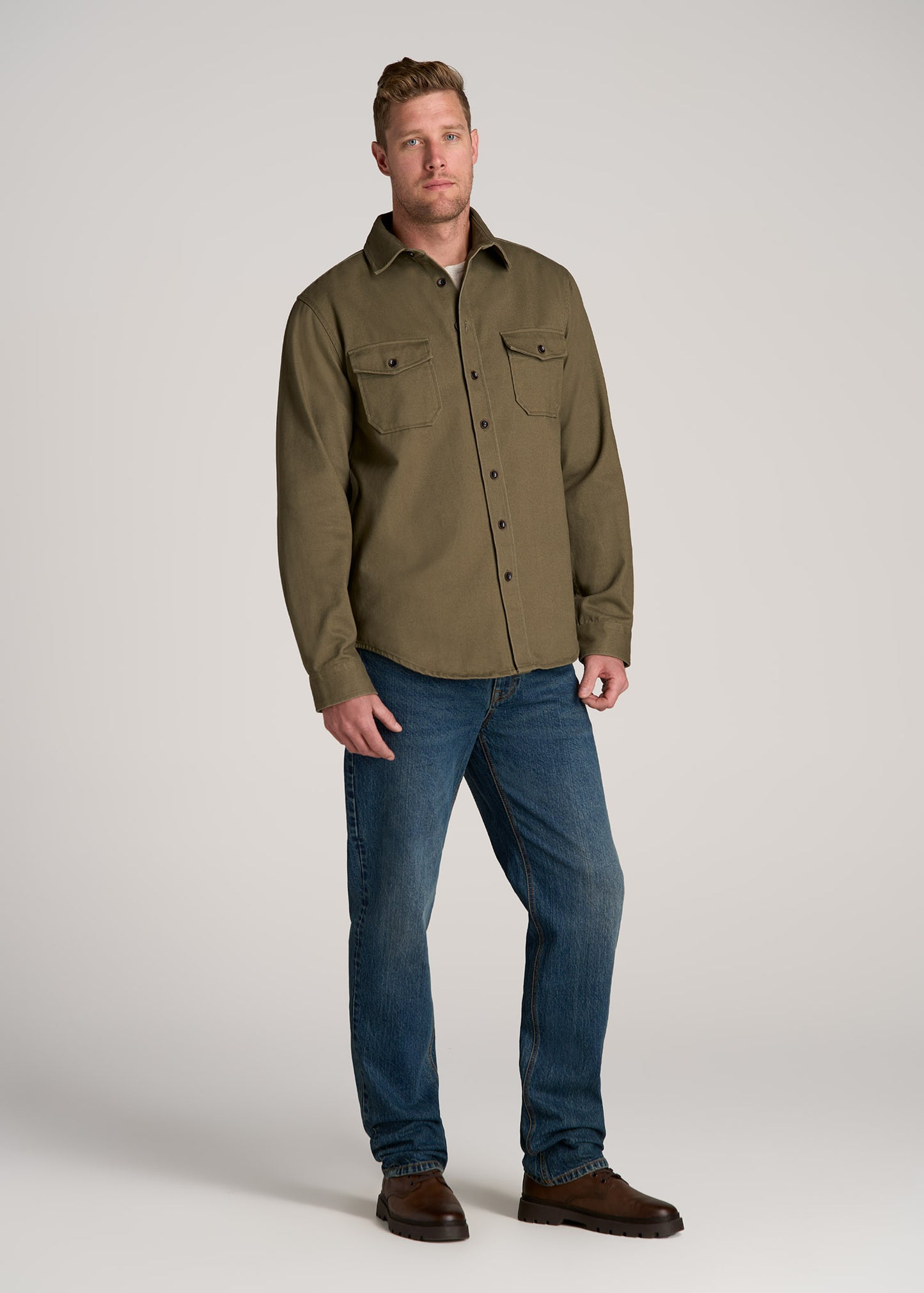 LJ&S Heavyweight Cotton Twill Overshirt for Tall Men in Vintage Moss Green