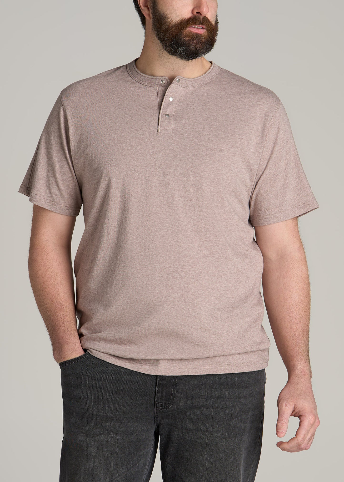 LJ&S REGULAR-FIT Jersey Henley Tee for Tall Men in Heathered Taupe