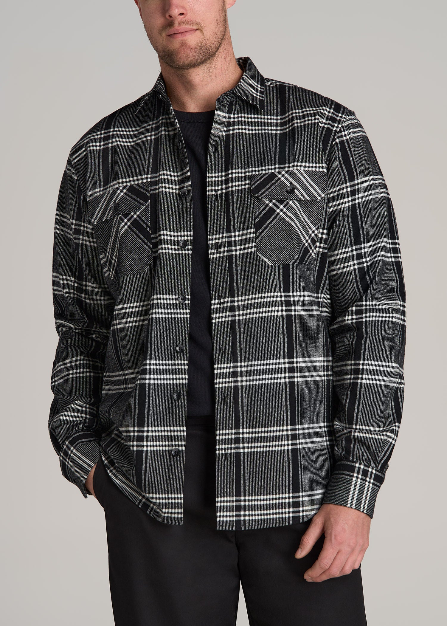 LJ-Rugged-Plaid-Shirt-Black-Light-Grey-Plaid-front