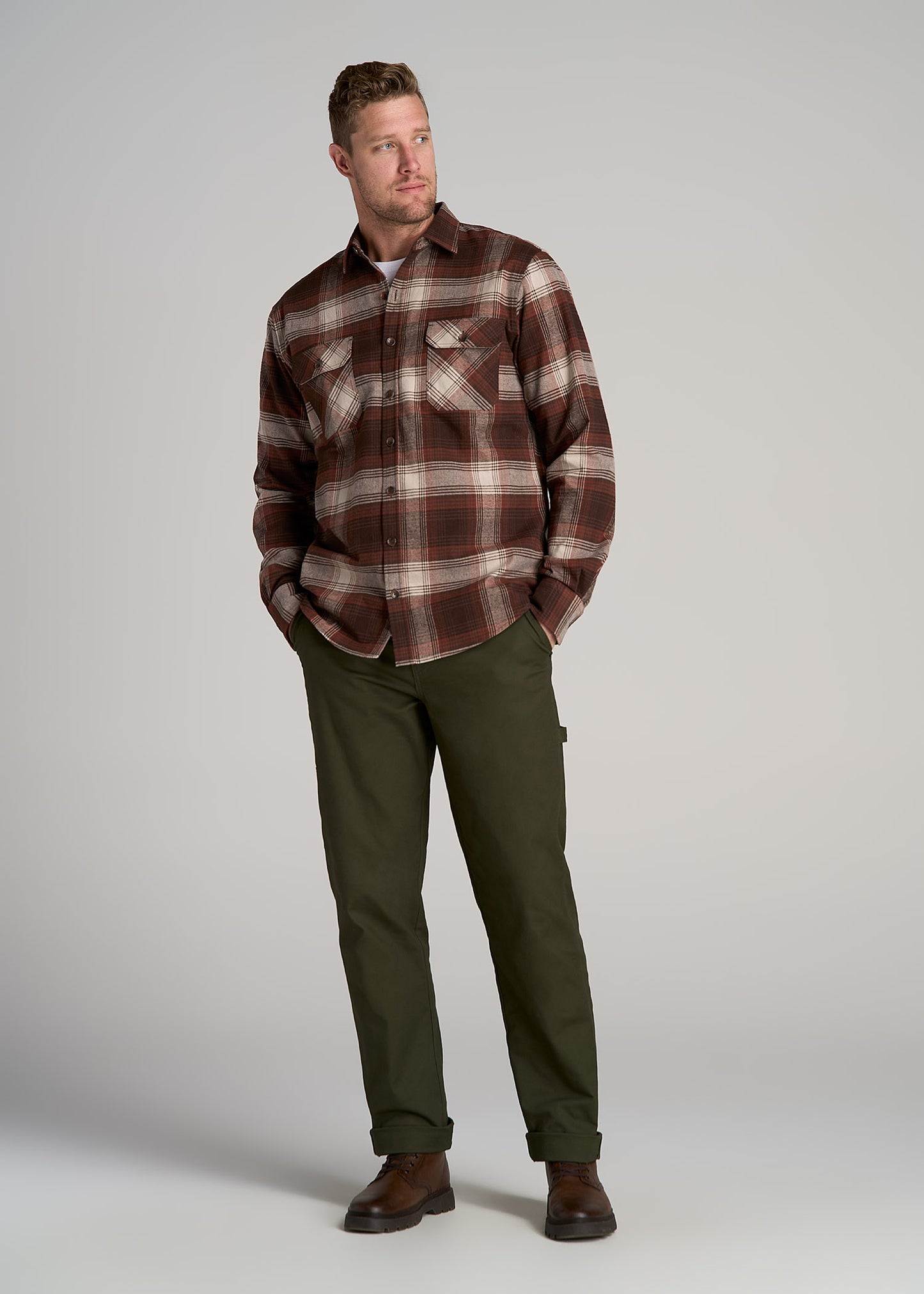 LJ&S Rugged Plaid Shirt Men's in Dark Brown and Beige Plaid