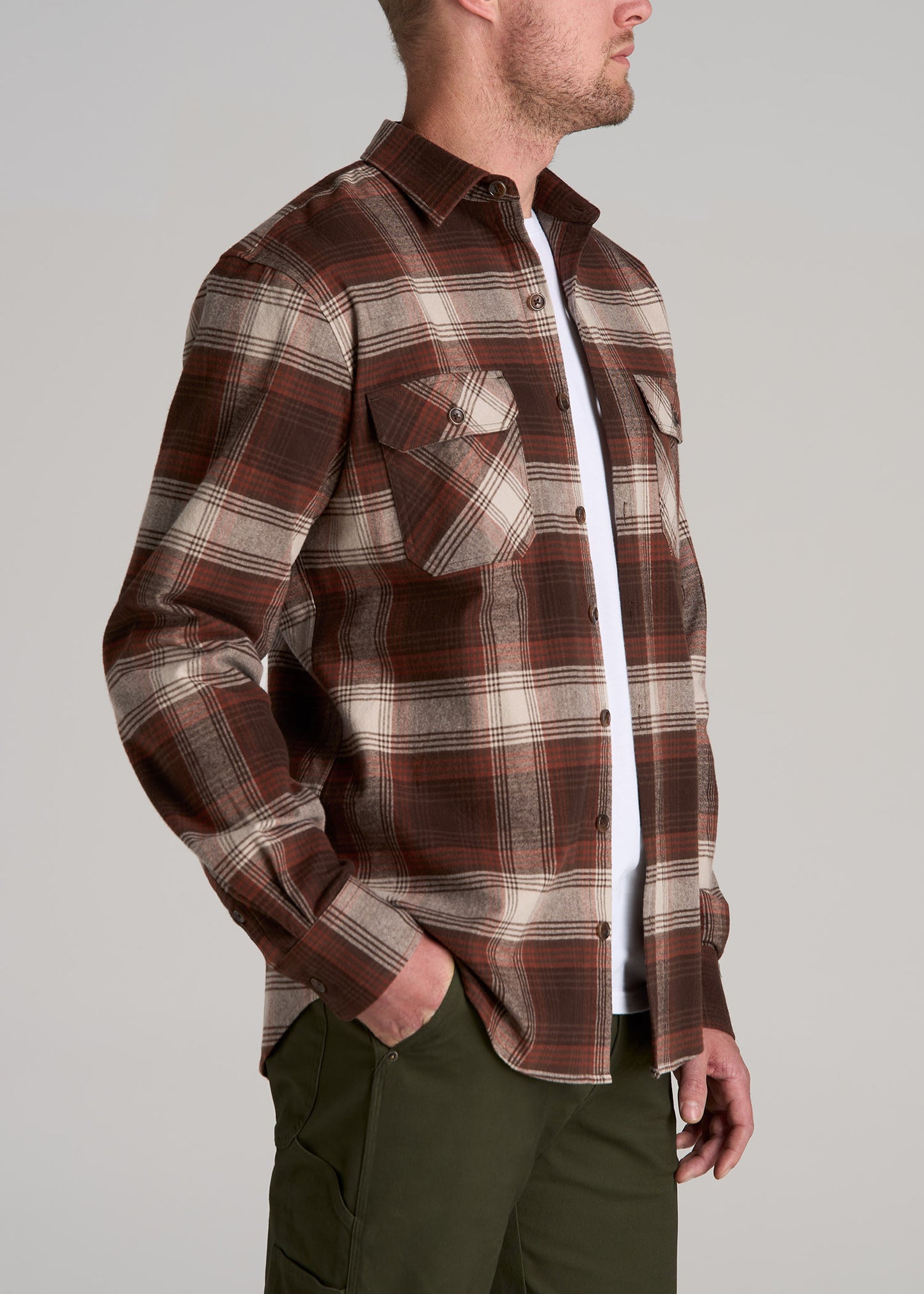 LJ&S Rugged Plaid Shirt Men's in Dark Brown and Beige Plaid