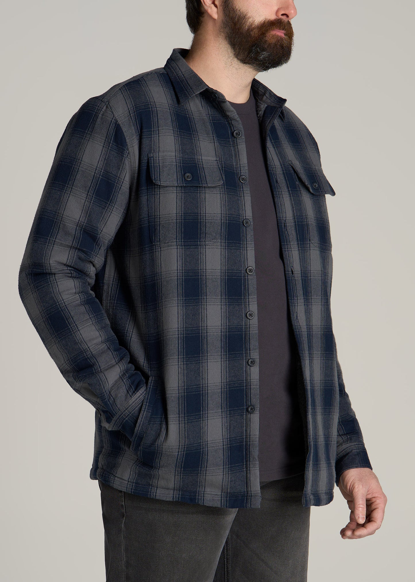 LJ&S Men's Tall Sherpa Lined Shirt Jacket in Midnight Navy & Medium Grey Plaid