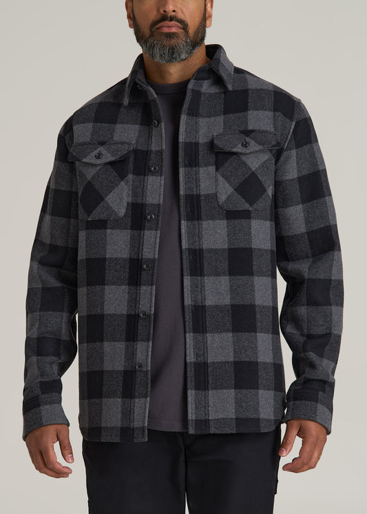 LJ&S Wool Blend Tall Men's Shirt Jacket in Black and Grey Check