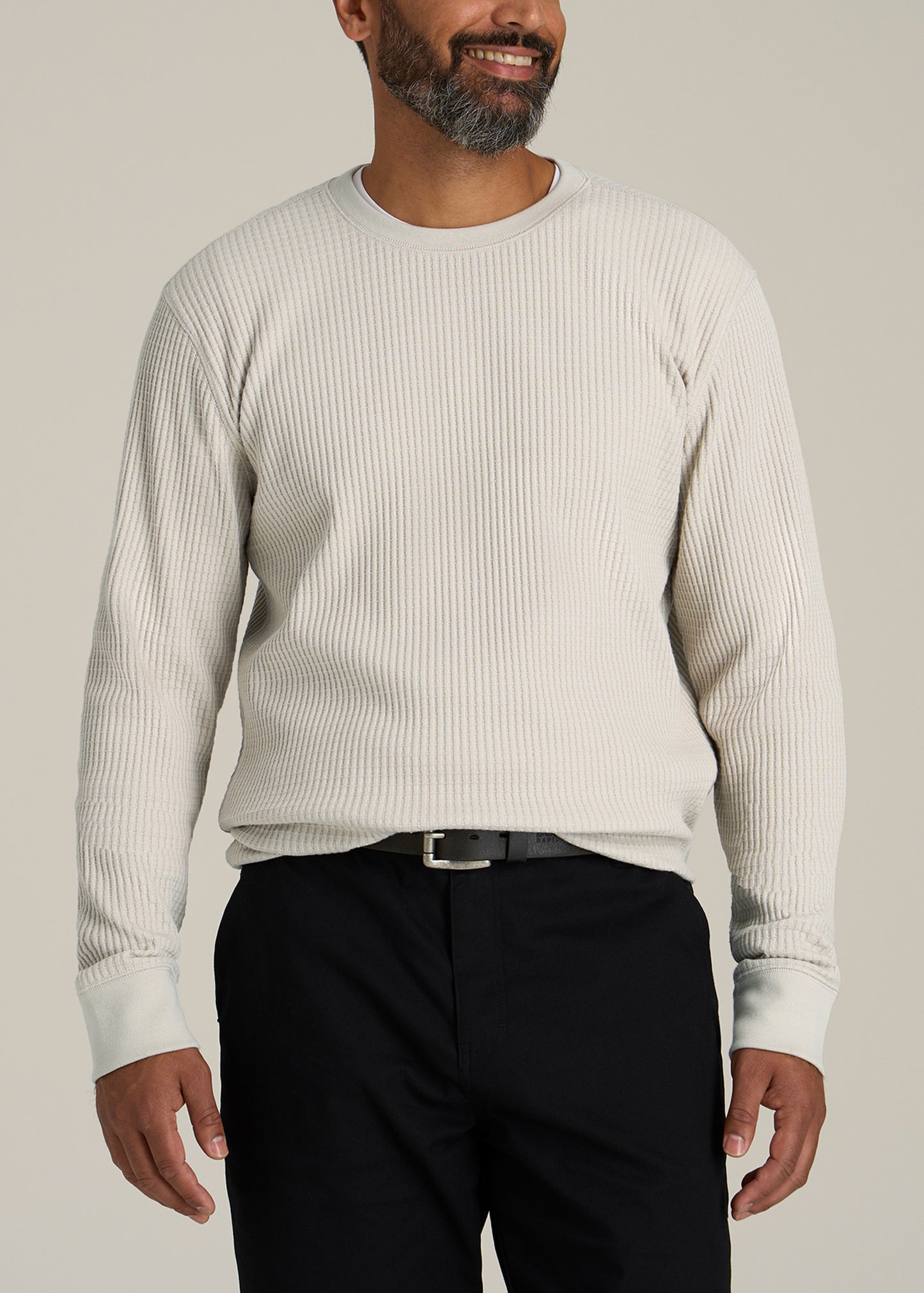 LJ&S Waffle Knit Crewneck Shirt for Tall Men in Stone