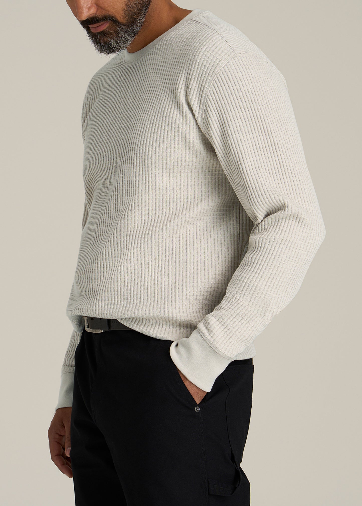 LJ&S Waffle Knit Crewneck Shirt for Tall Men in Stone