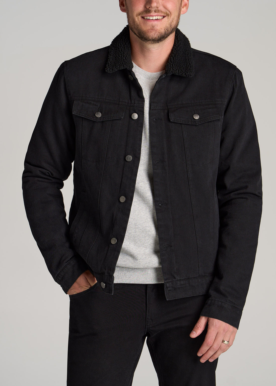 Tall man wearing Denim Sherpa Jacket in Onyx Black Wash by American Tall