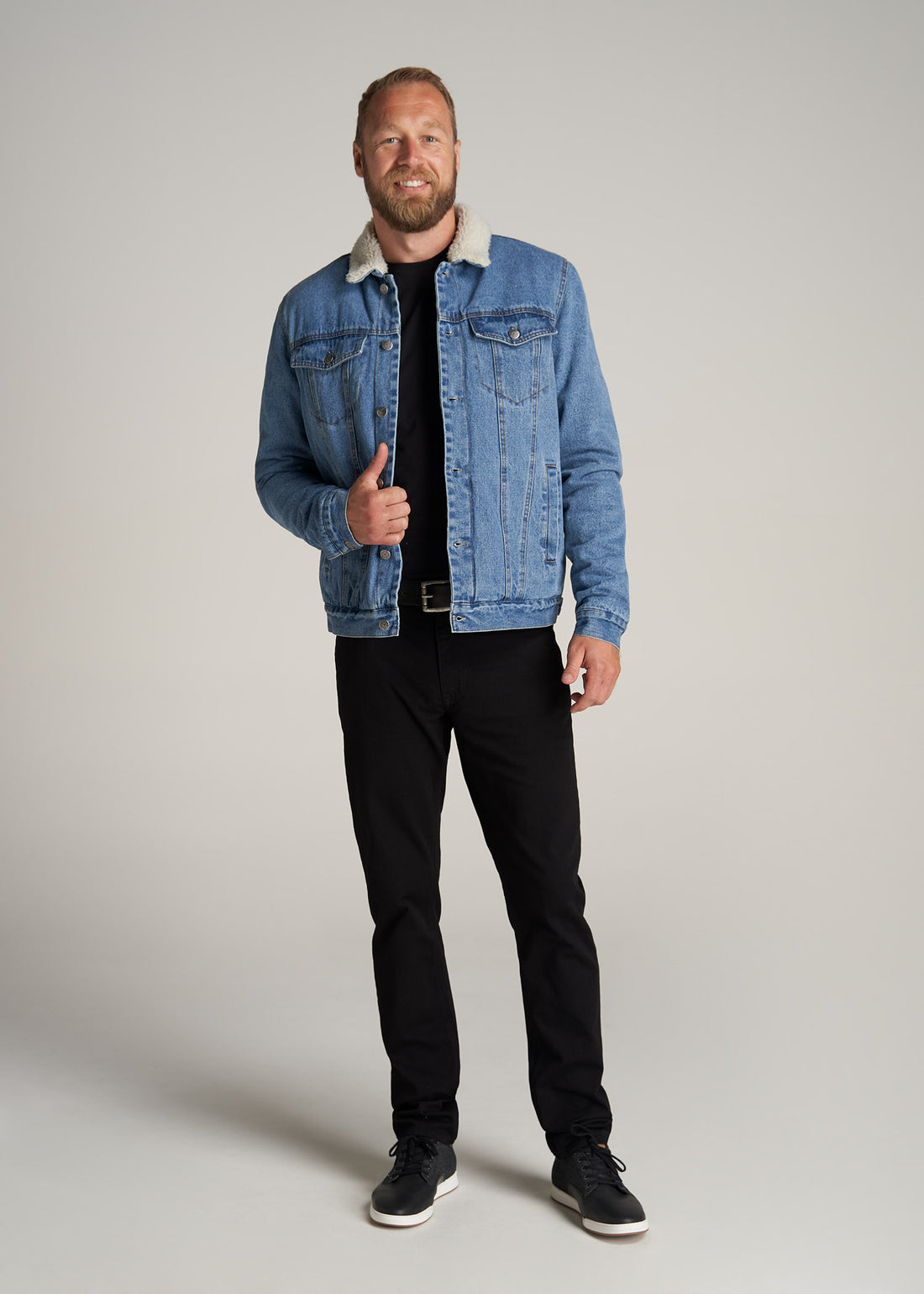 Tall mean wearing American Tall's DENIM SHERPA TALL MEN'S JACKET IN STONEWASH BLUE