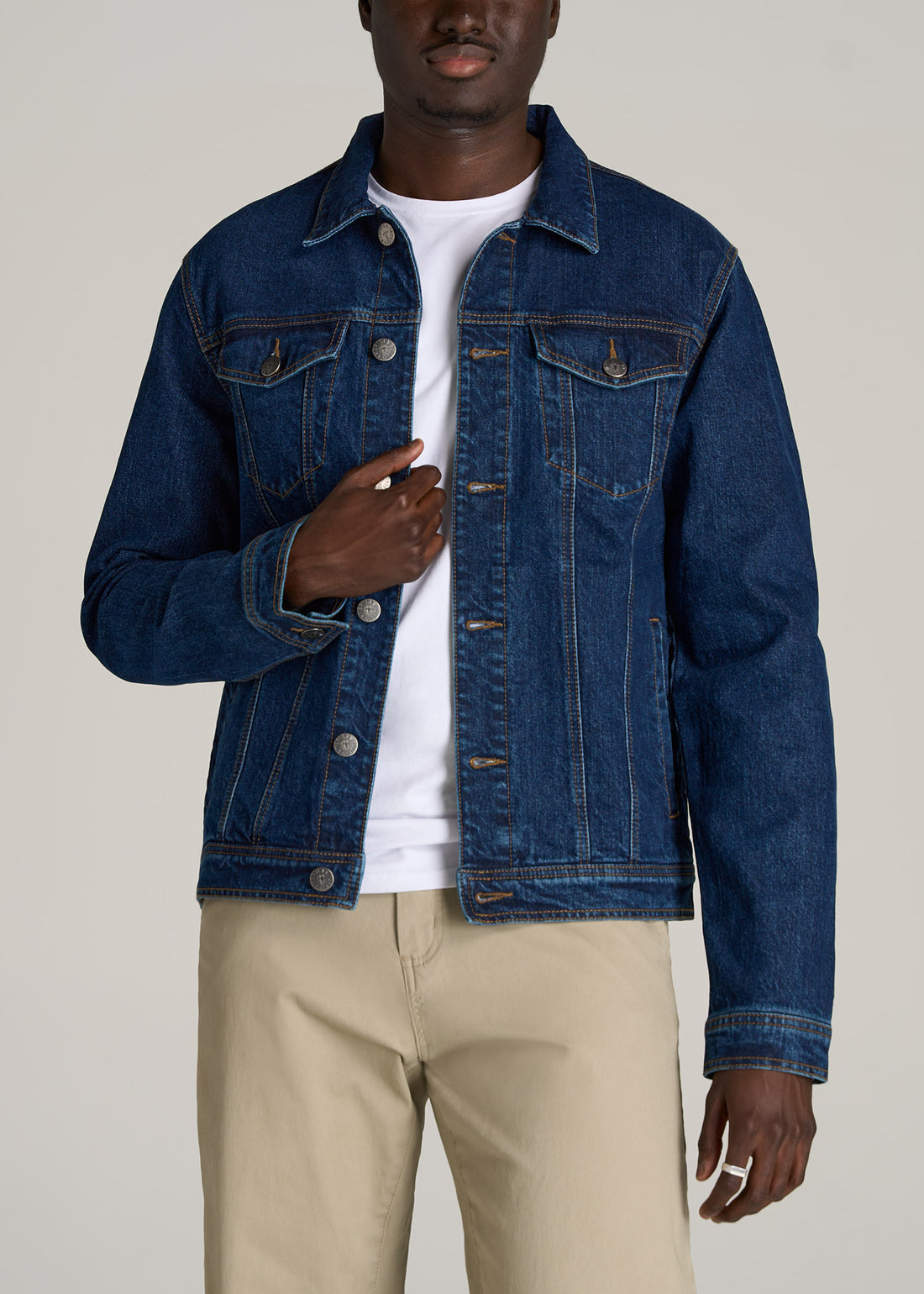 Tall man wearing Denim Trucker Jacket in Mid Ocean Blue by American Tall