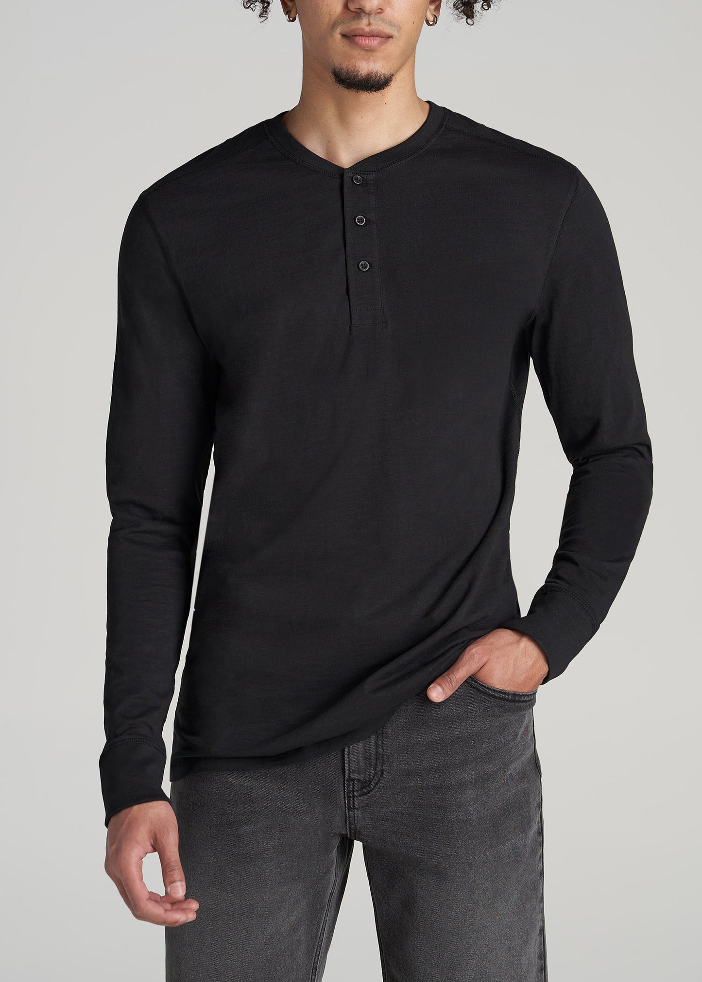    American-Tall-Men-Three-Button-Long-Sleeve-Slub-Henley-Black-front