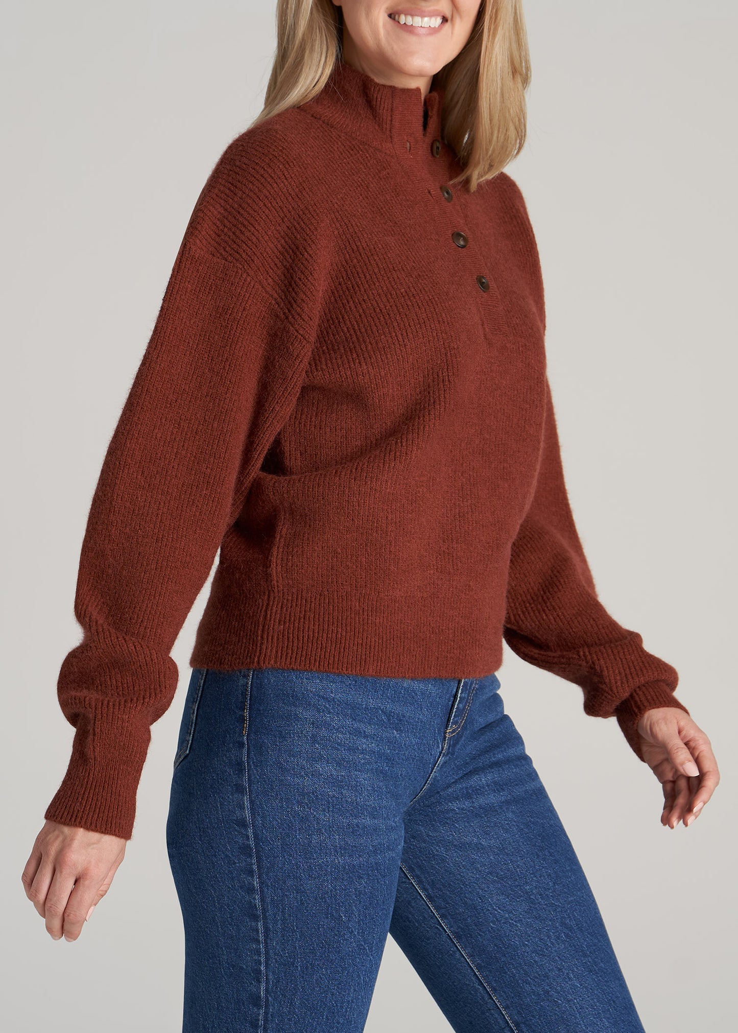    American-Tall-Women-Button-Front-Mock-Neck-Sweater-Copper-side